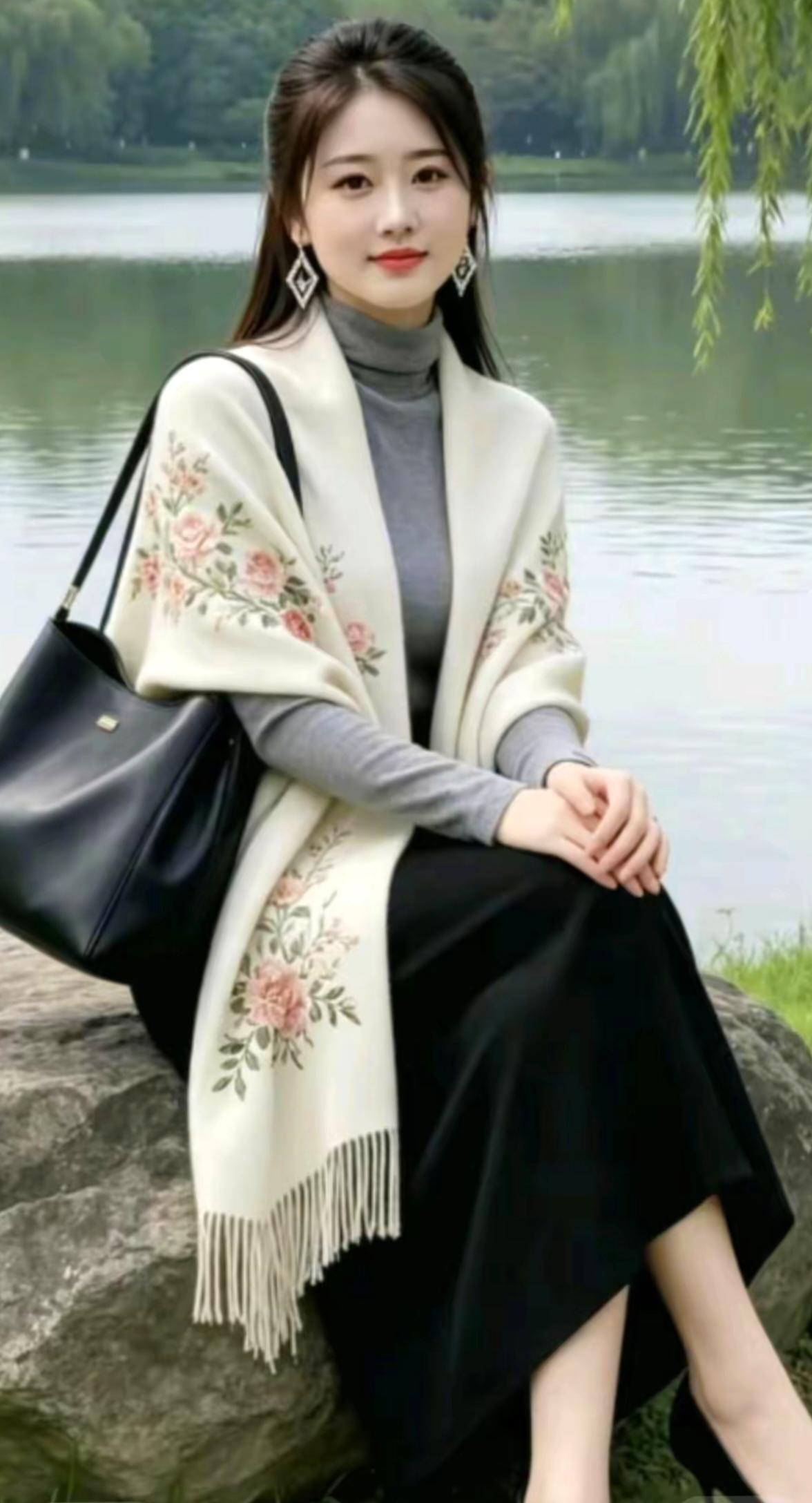 湖畔垂柳拂清波，
锦绣披肩气质和。
静坐石边心恬淡，
人随湖景自婀娜。
 
湖畔