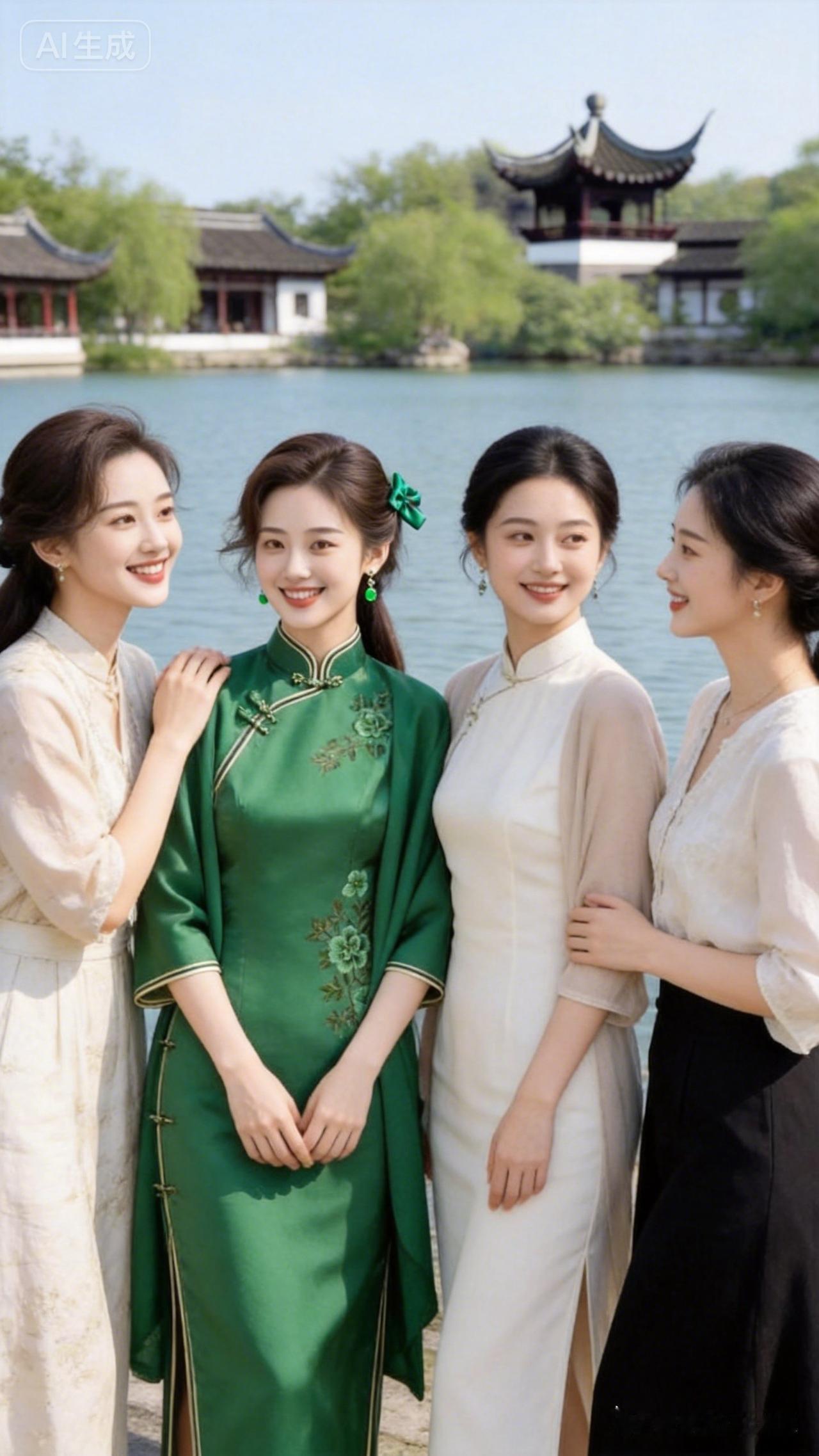 “古典与现代的完美融合，姐妹们一起在西湖边打卡！”📸👭💚