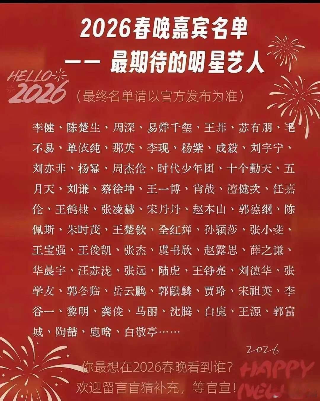 网友评选2026最期待在春晚看见的明星名单：60后呼声最高：王菲，那英，李健，刘