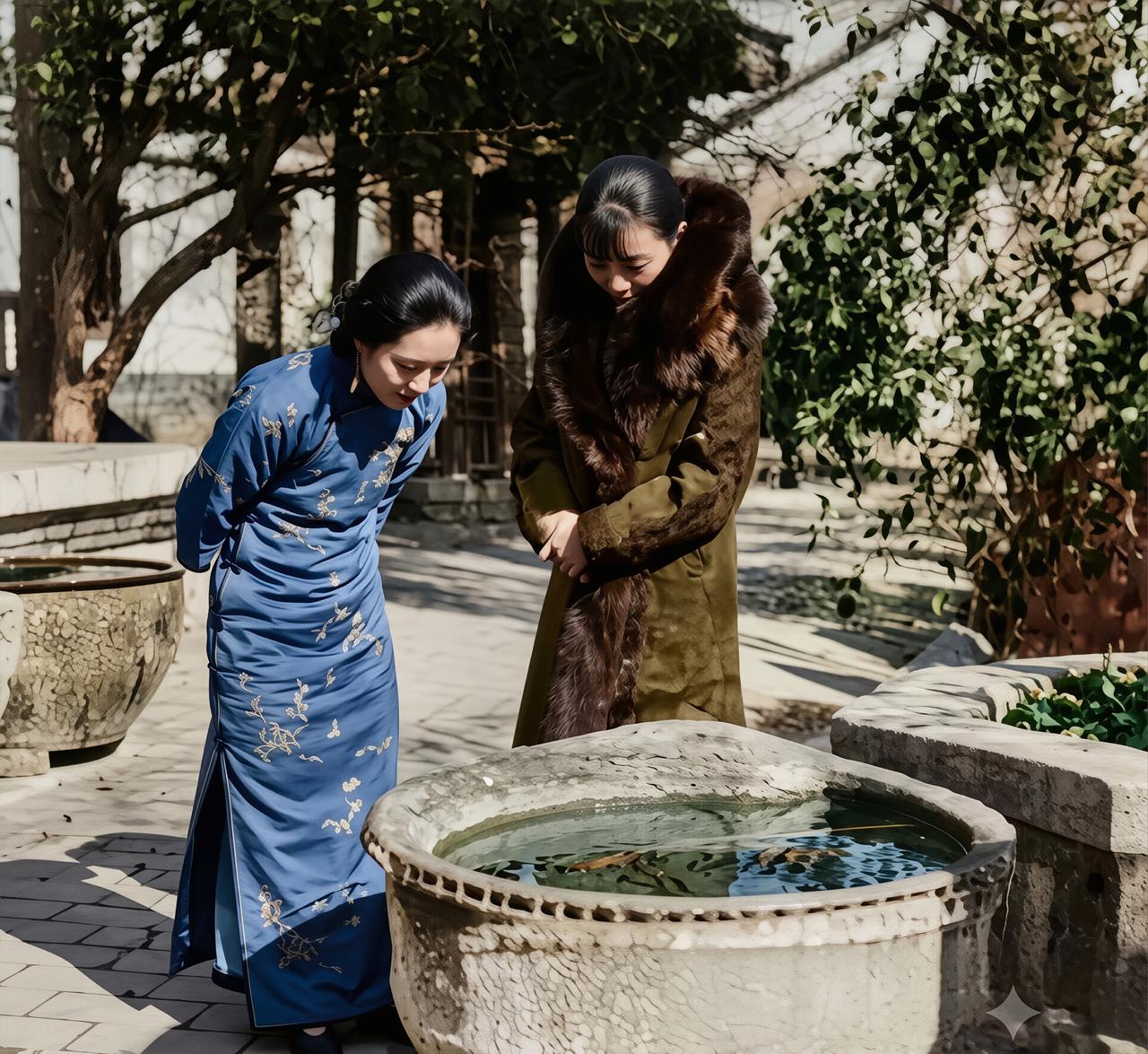 1934年济南，韩复榘的二夫人纪甘青，正陪着宋美龄在池边一起观鱼。
纪甘青原是河