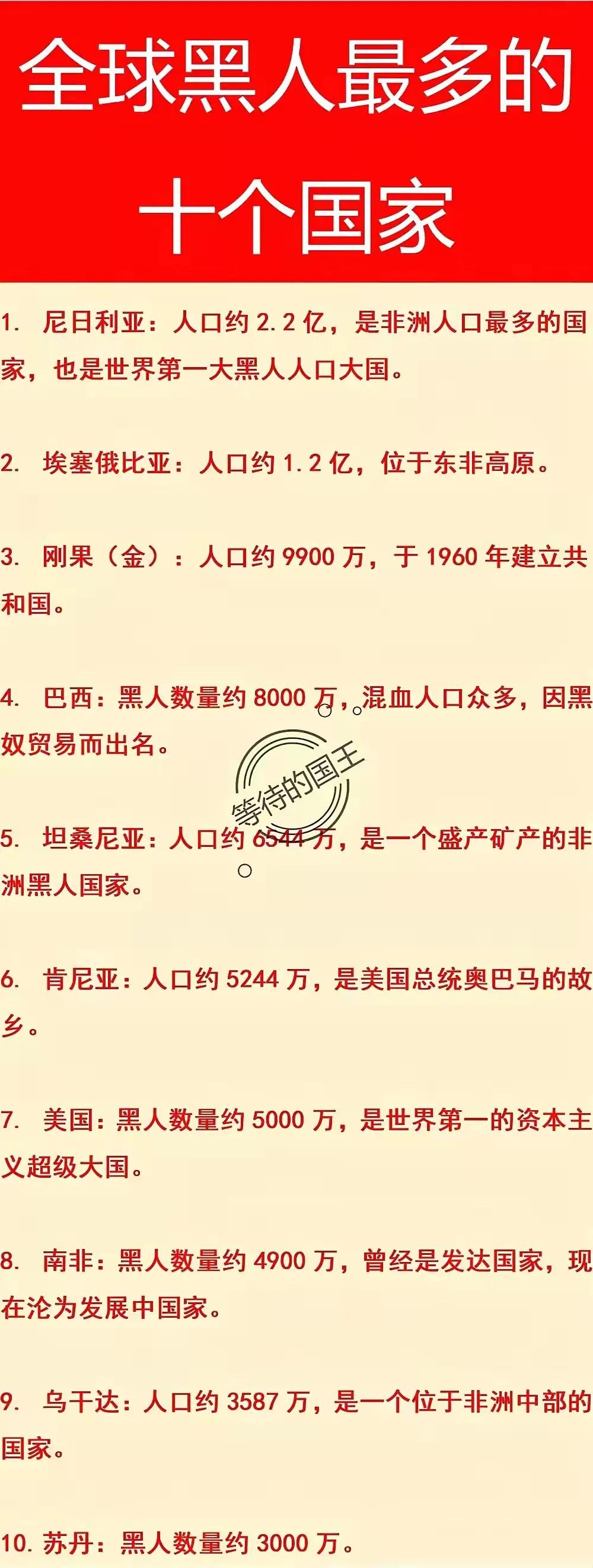 巴西：有8千万黑人；
美国：有5千万黑人；
我国：有多少黑人？

如图是全世界黑