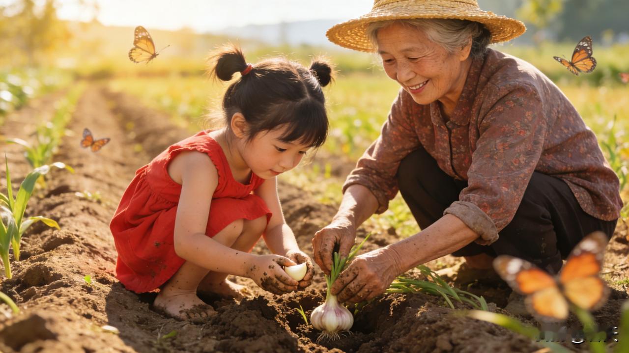 暖阳铺田垄，红裙小丫辫儿晃，蹲帮奶奶种蒜瓣，泥香沾指满是欢。