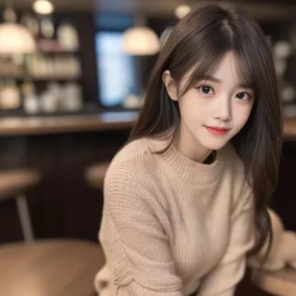 暖色调的咖啡馆，少女甜美微笑秋日里的咖啡馆 秋日氛围咖啡馆 温柔咖啡店美女 美女