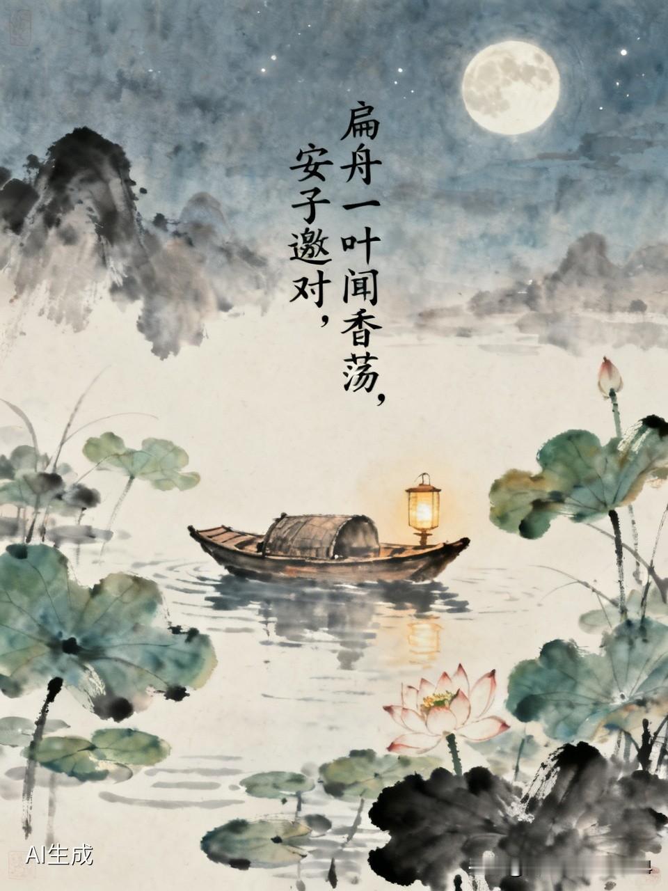 上联：扁舟一叶闻香荡，安子邀对，瘦影孤灯伴月眠！[微风]