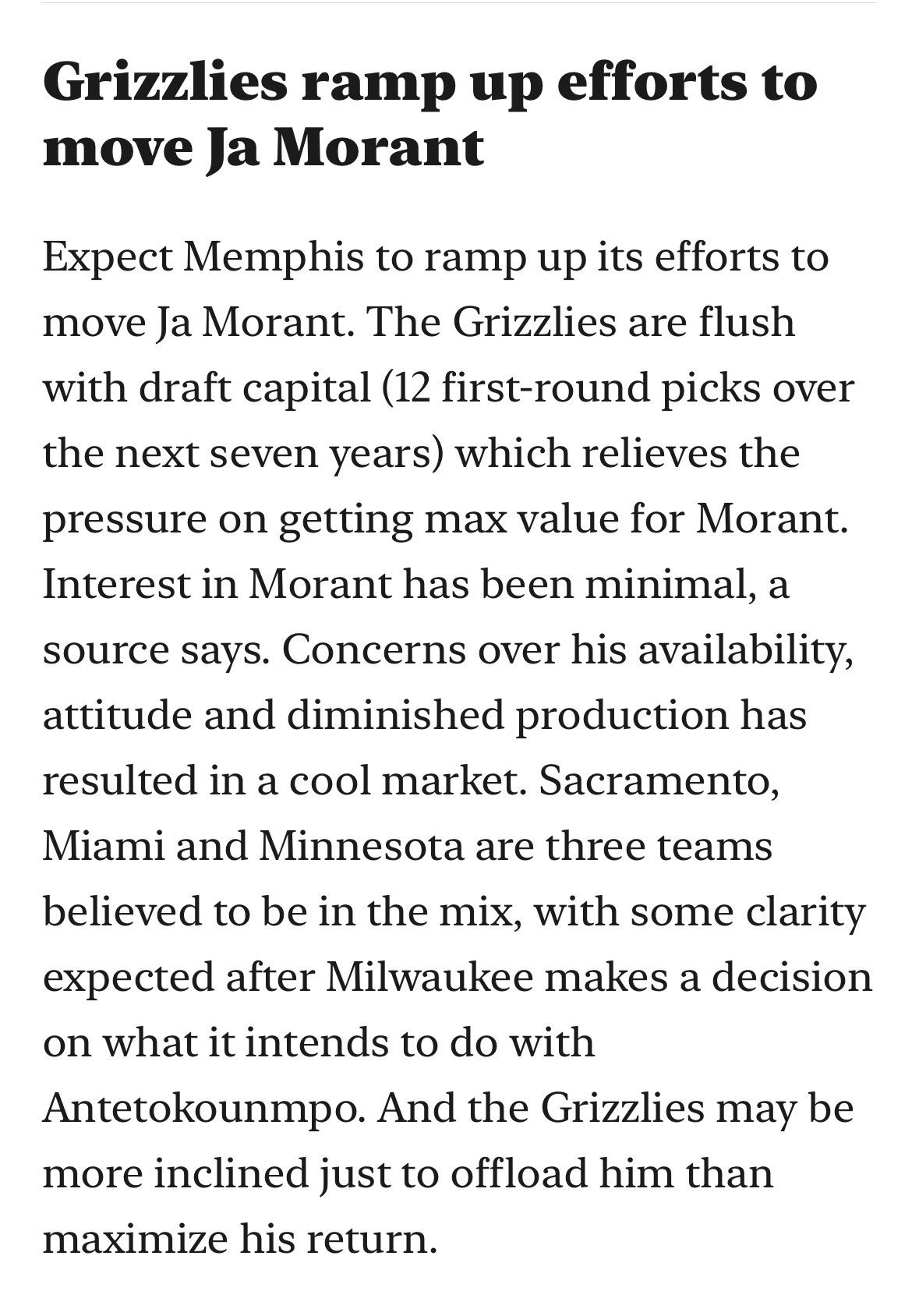 Chris Mannix:“国王队、热火队和森林狼队被认为是有望得到贾·莫兰特的