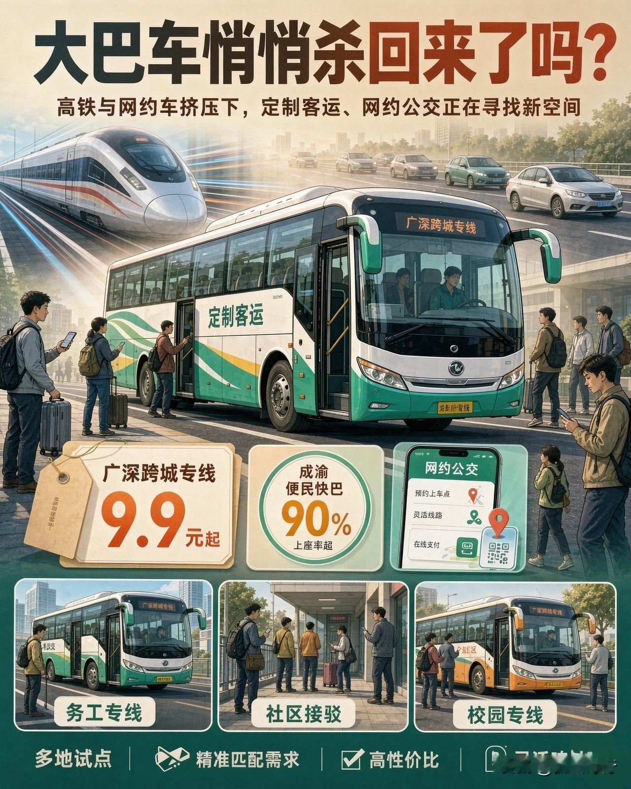 【简讯】在高铁、网约车挤压下，大巴车正通过定制化、网约化悄然复苏。广东广深跨城专