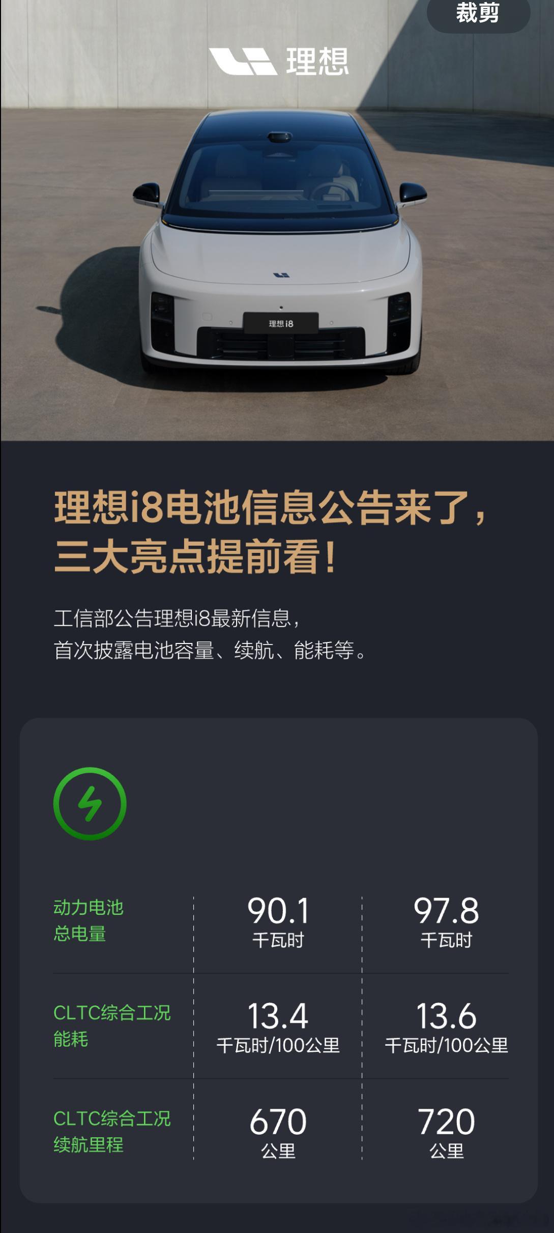 理想i8最新的电池和续航信息来了，搭载90.1千瓦时和97.8千瓦时的电池组，C
