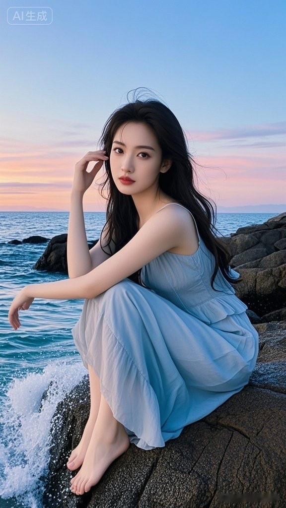 这位女士在海边穿得很仙气。