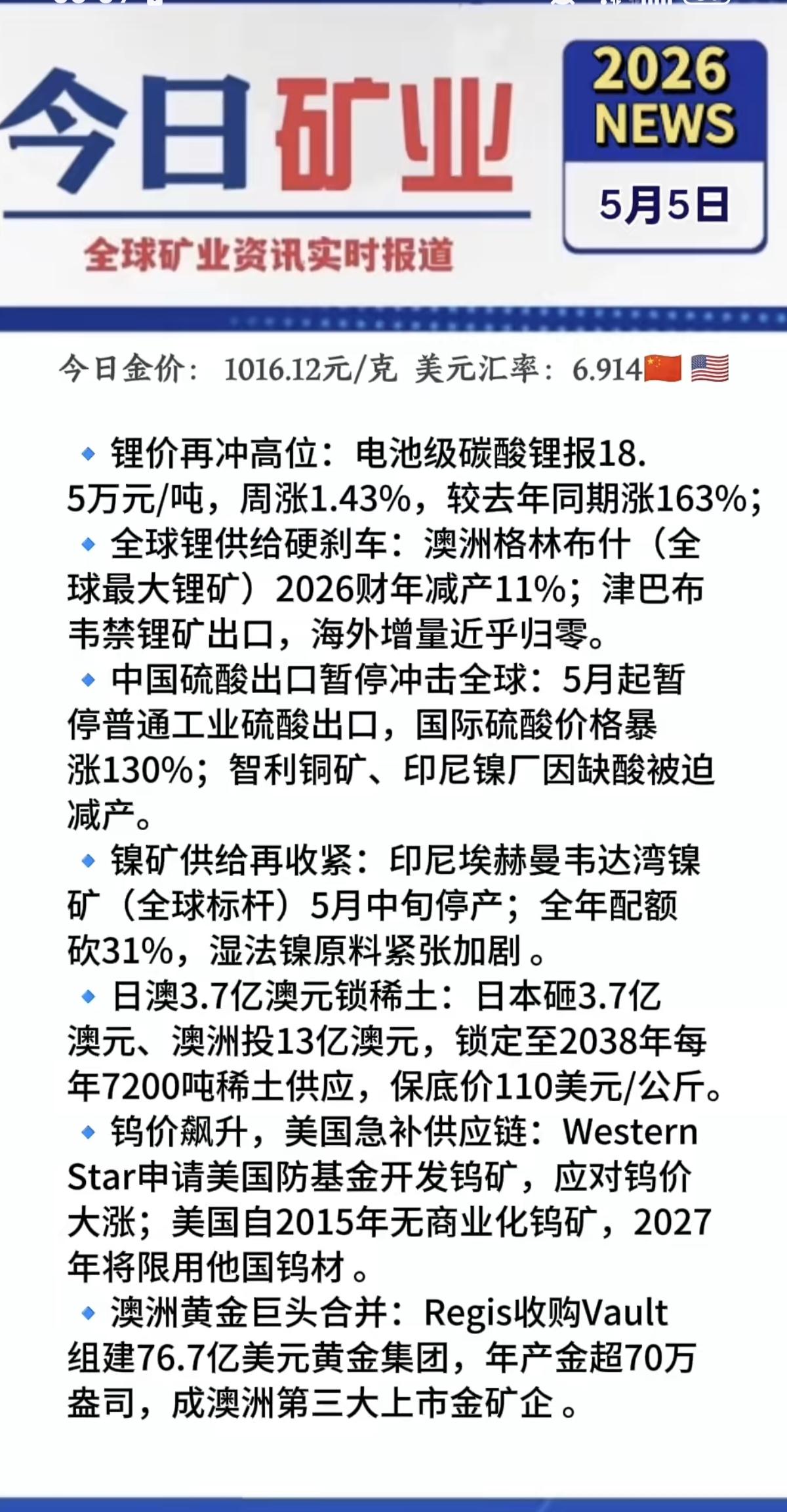 5.6周三  有色金属+财经信息！

1.碳酸锂价格再创新高，18.5万/吨
2