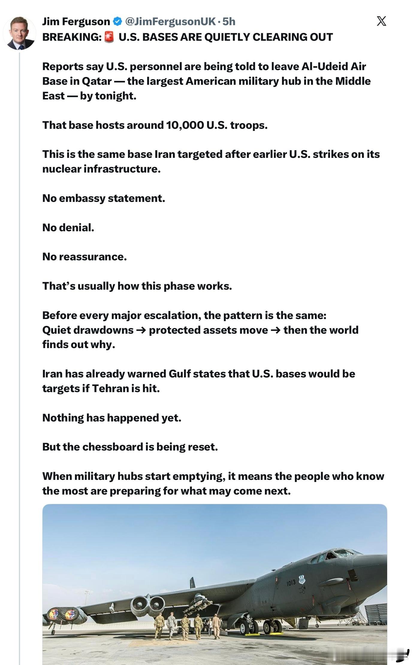 報道稱，美軍被告知今晚之前必須撤離位於卡達的烏代德空軍基地——這是美國在中東最大