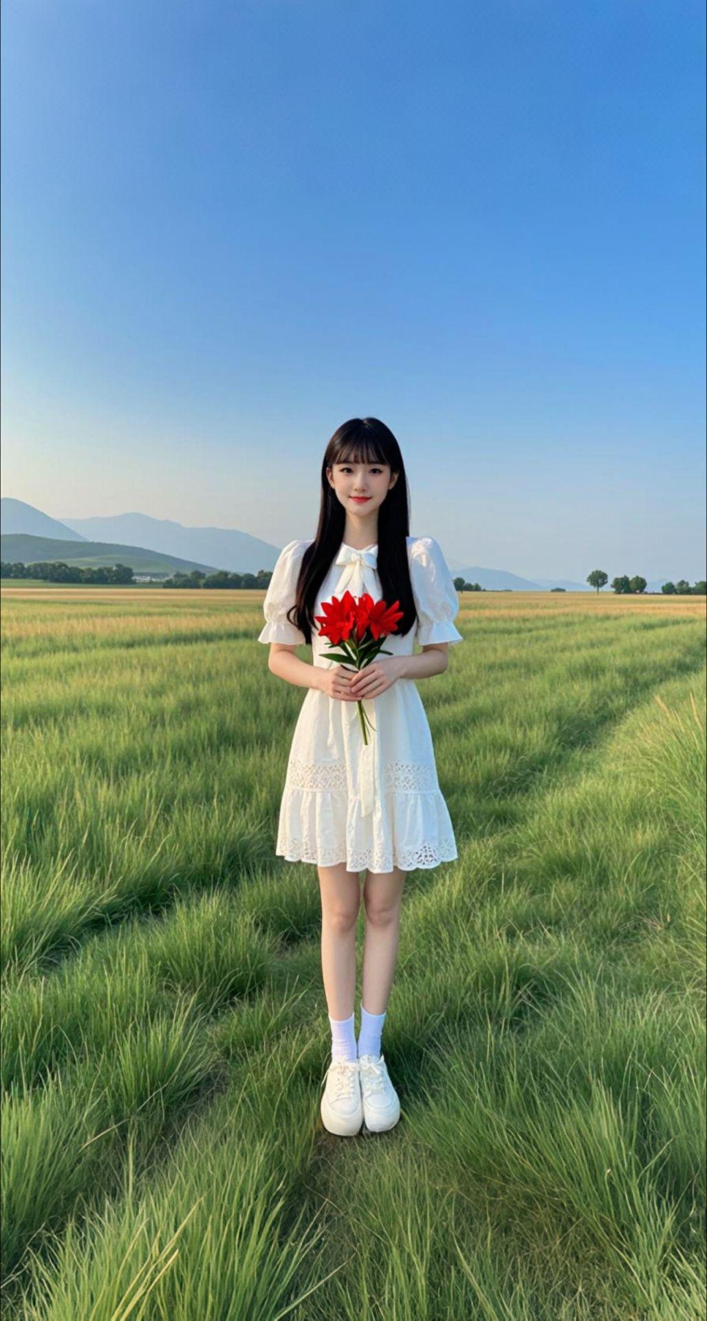 AI扩图 AI草地百合少女
