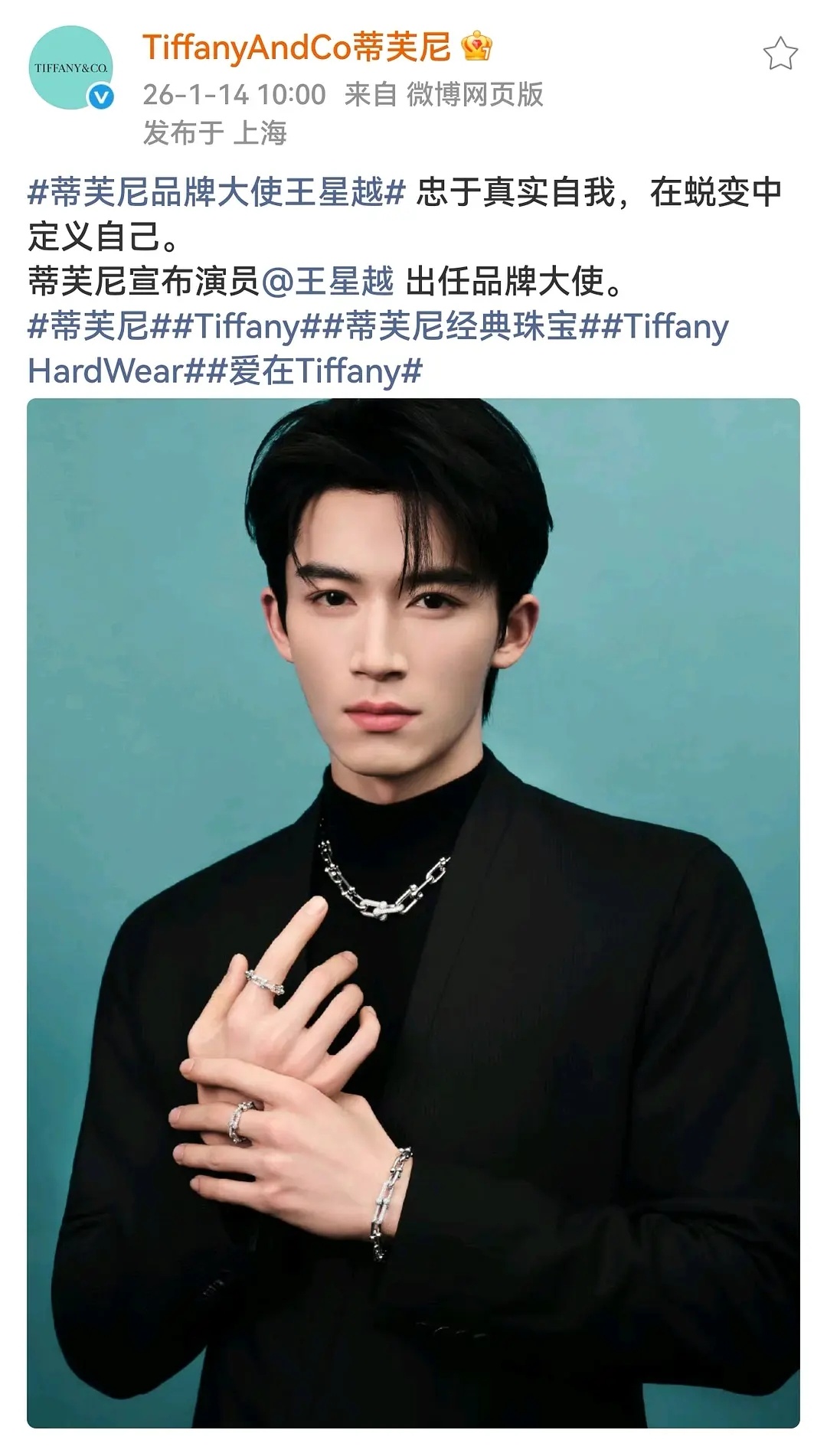 王星越官宣Tiffany品牌大使！一年解锁三大高奢➕路虎车代，00剧生断层领跑！