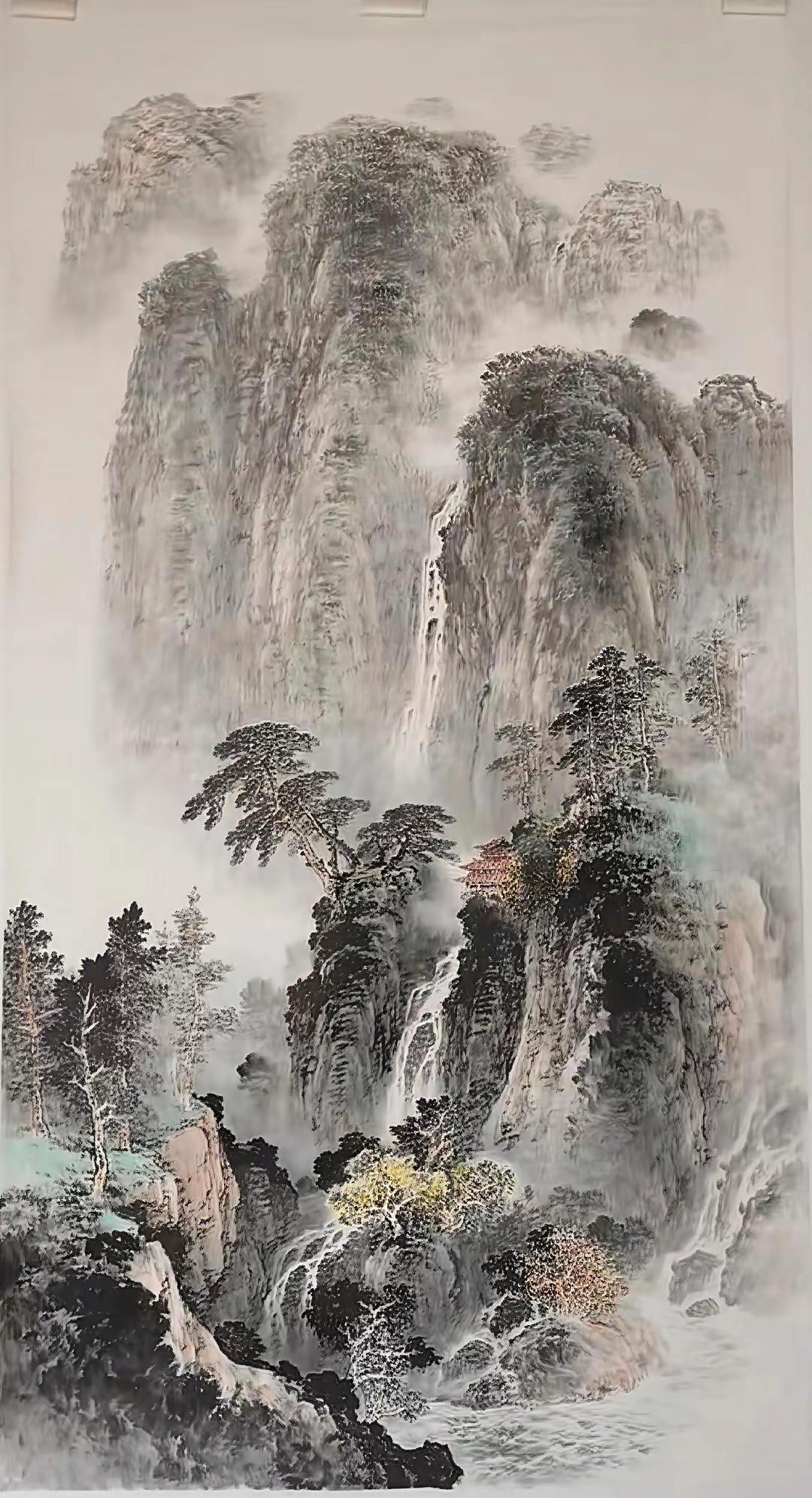 秋山观瀑。玄关山水国画艺术 国画之美 书画欣赏 国画挑战