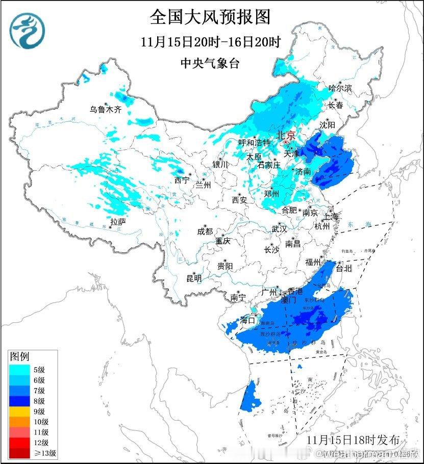 【大风和干燥】未来2天寒潮南下，将导致中东部以及东部和南部海区出现大风。对应形势
