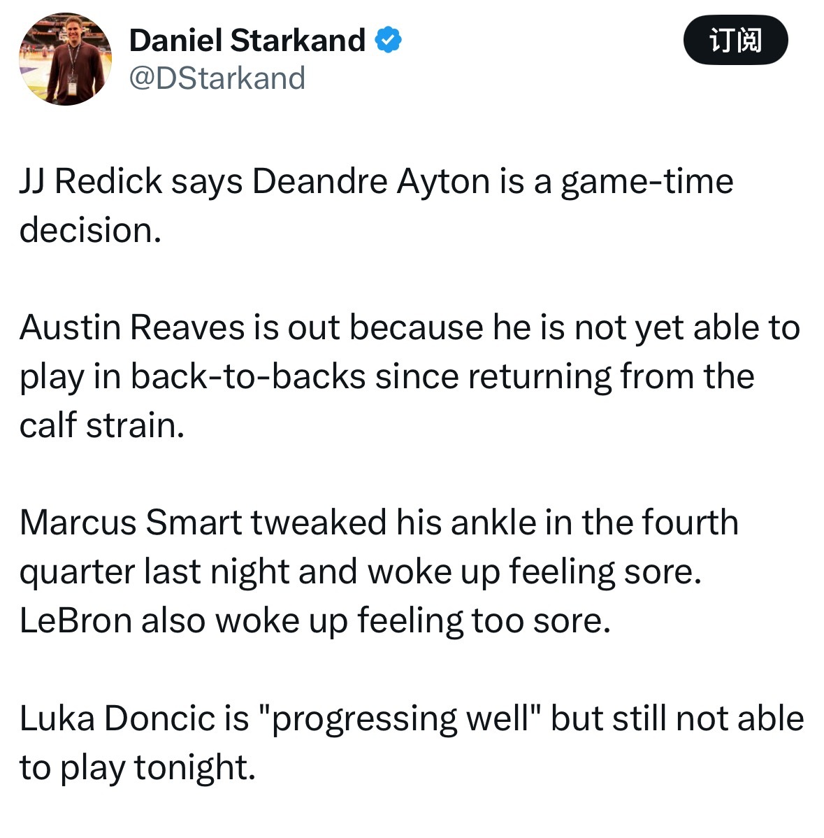 雷迪克表示，艾顿今天是赛前决定状态。里夫斯缺阵，因为他从小腿拉伤复出后，目前还无