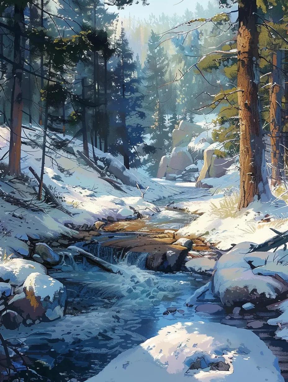 溪水潺潺流，雪地映清辉。