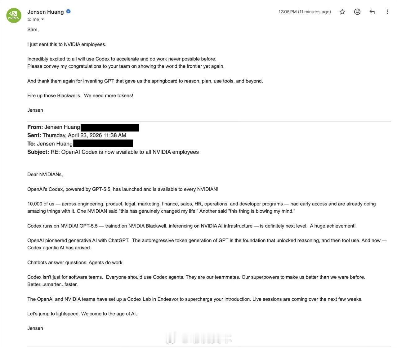 黄仁勋要求英伟达所有员工使用OpenAI的Codex编程工具OpeiAI首席执行