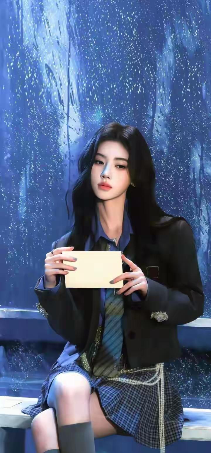 美女壁纸～鞠婧祎微博深蓝氛围里的温柔奔赴，雨落湿了衣角，却润透了期待。在车站的光