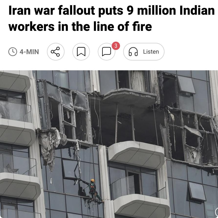 外媒：伊朗战争波及海湾，900万印度劳工陷入危机

随着美以对伊朗开战，迪拜、多