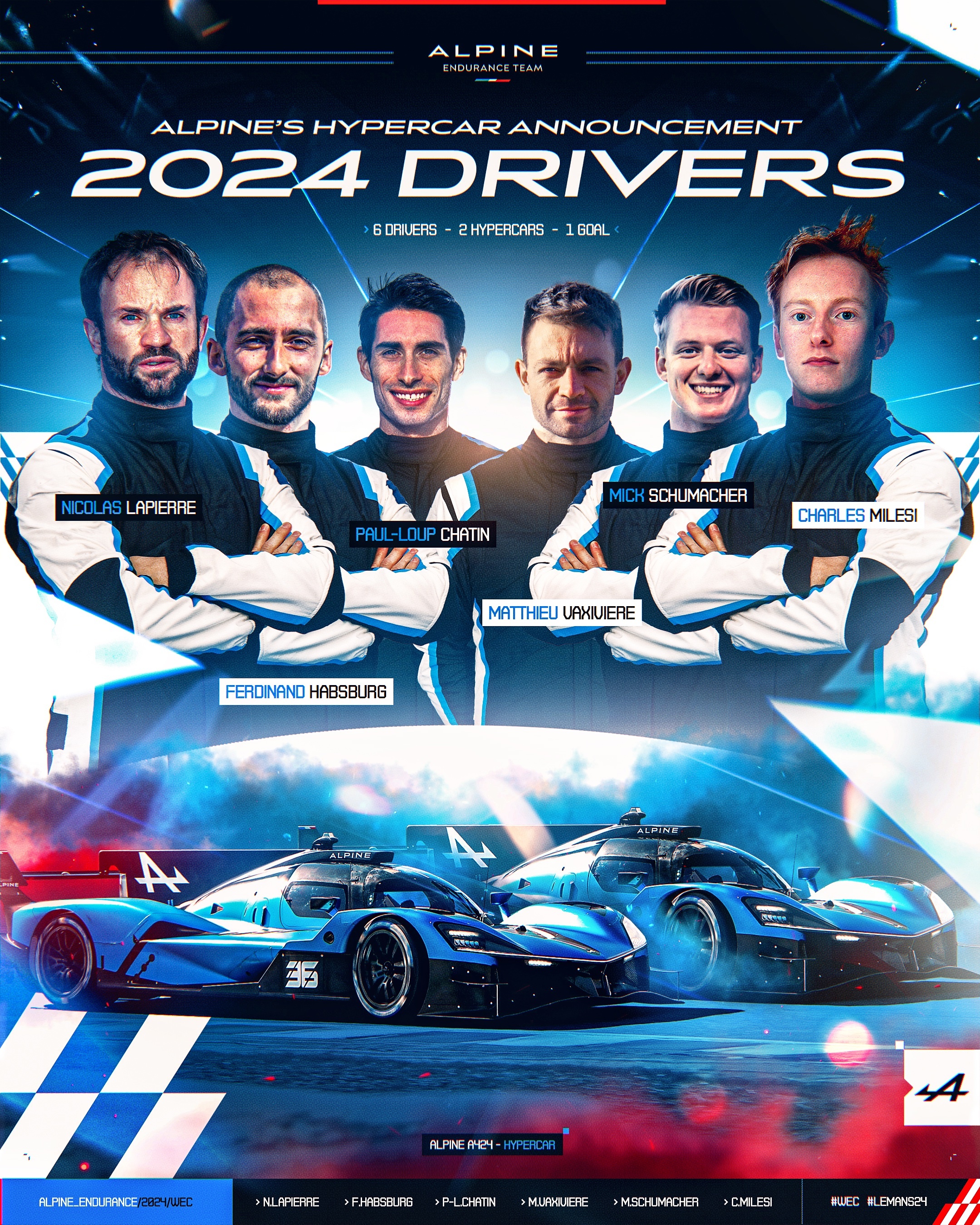 Alpine公布2024年#WEC# A424 LMDh双车阵容，米克·舒马赫加