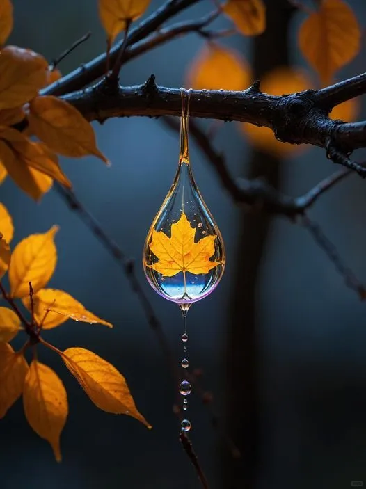 美图欣赏——枫叶 - 水滴映照的秋日美景