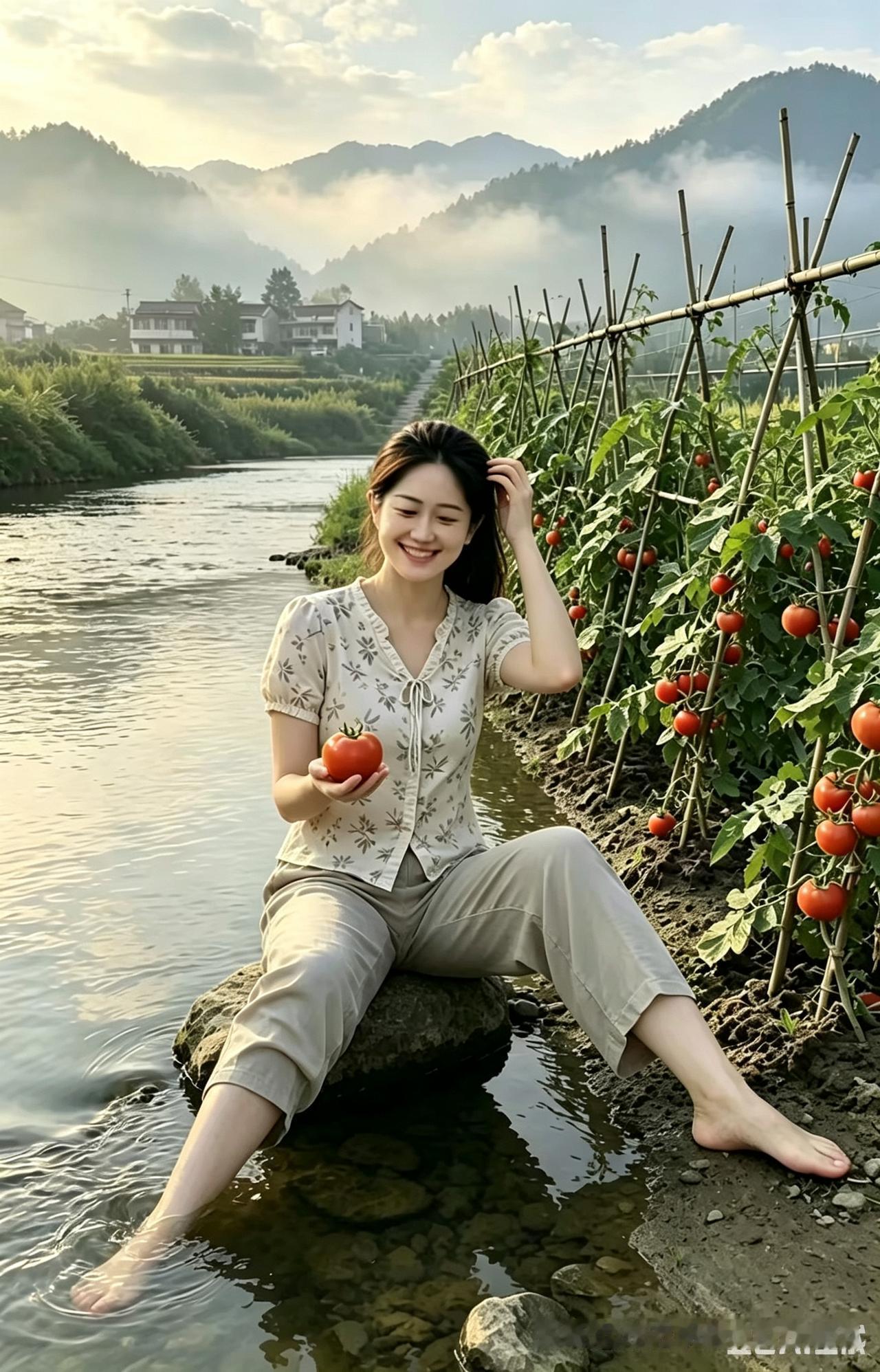 溪岸菜园结满红番茄，薄雾青山衬农家，藏着烟火田园慢意
 
平缓小河穿村而过，溪水
