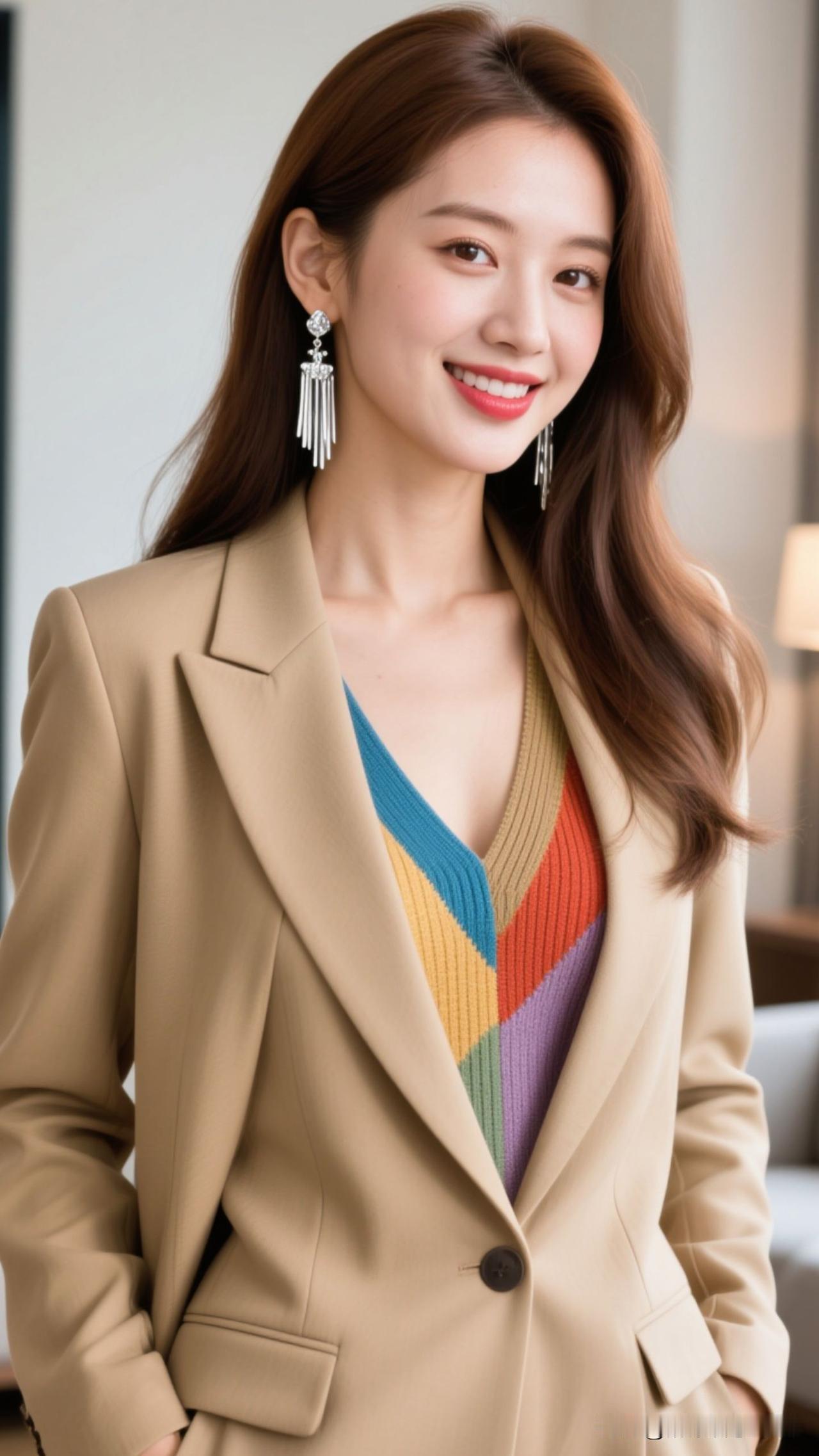 🎨 西装是沉稳的画布，彩条针织泼上热烈的梦，她一笑，整个空间都盛着治愈的艺术感