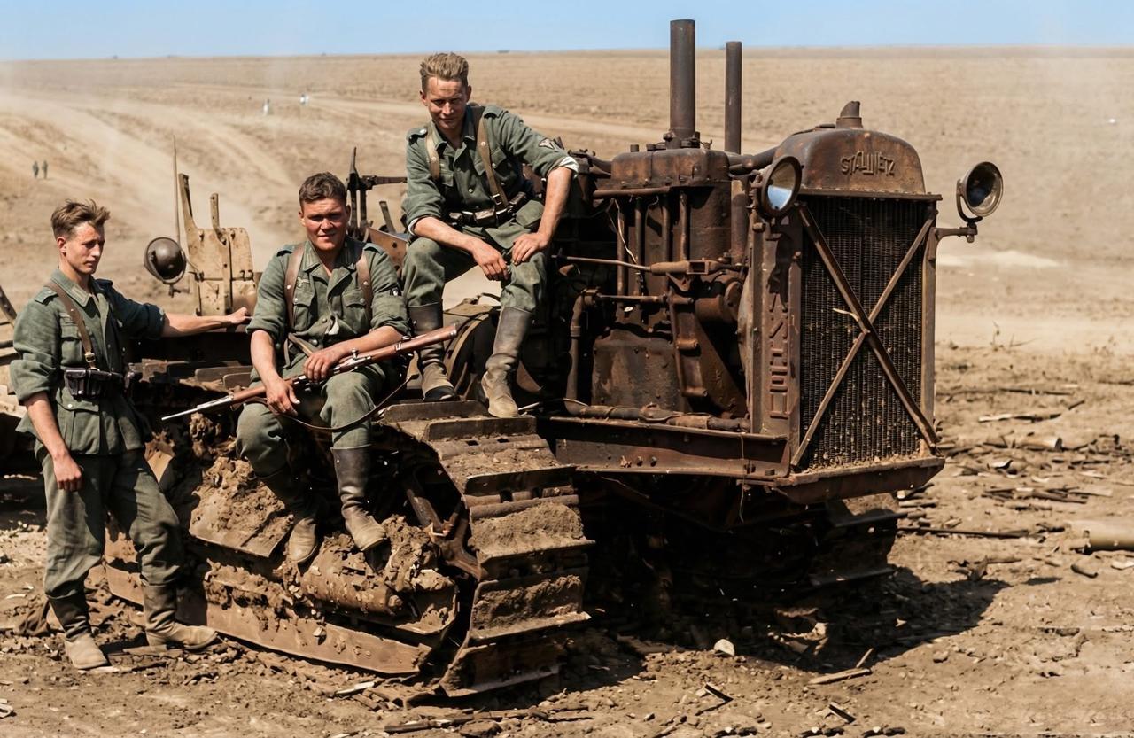 1941年，苏联境内，德军士兵与斯大林60型拖拉机合影！

“斯大林-60型”履