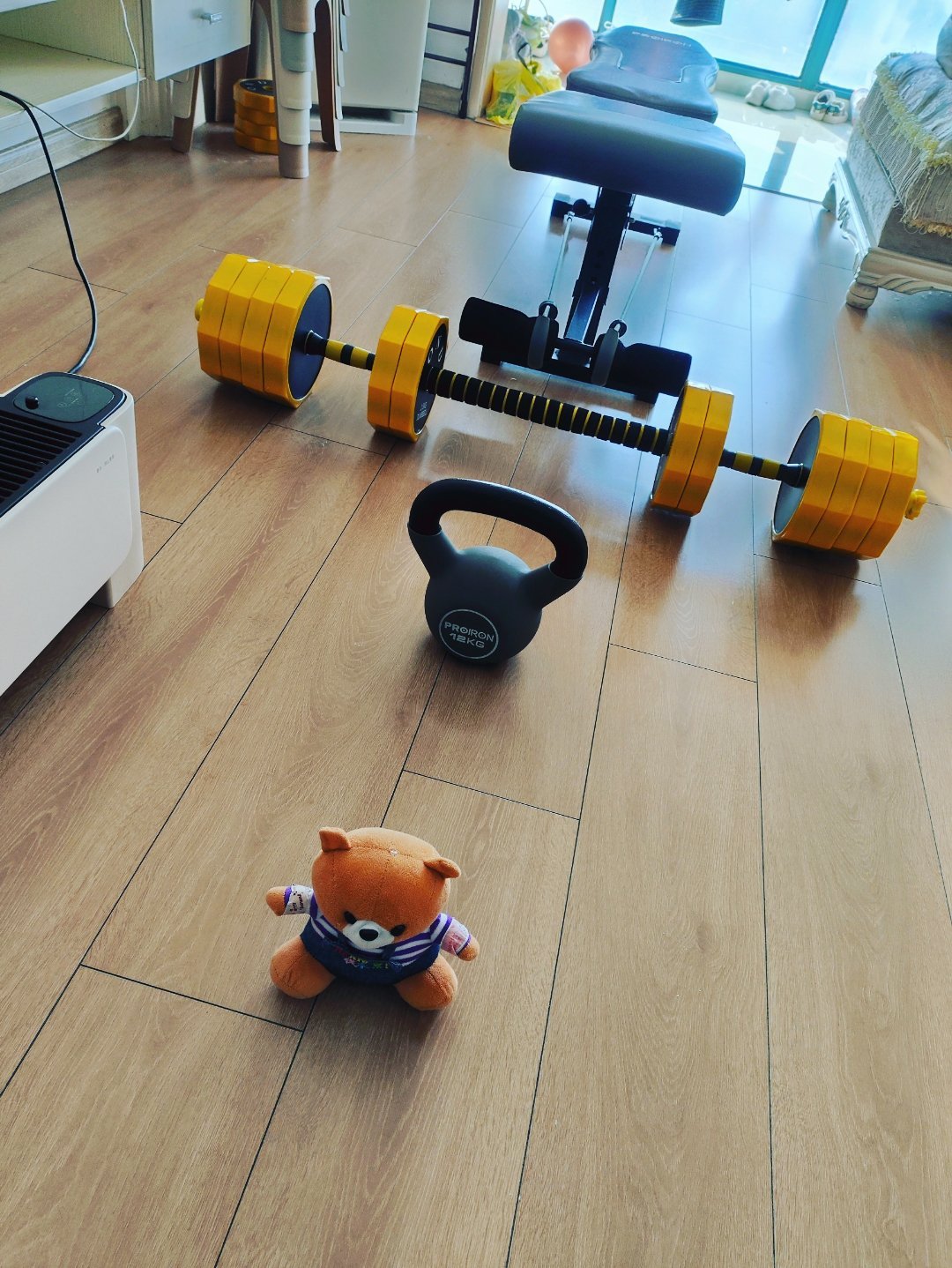 今天赶时间，恰周末，让二姐的熊🐻子出镜主打练个全面，12+16公斤壶铃俄罗斯转