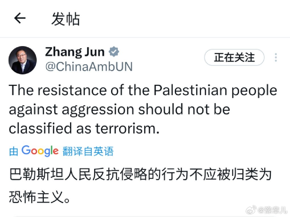 张军:“巴勒斯坦人民反抗侵略的行为不应被归类为恐怖主义。” 
