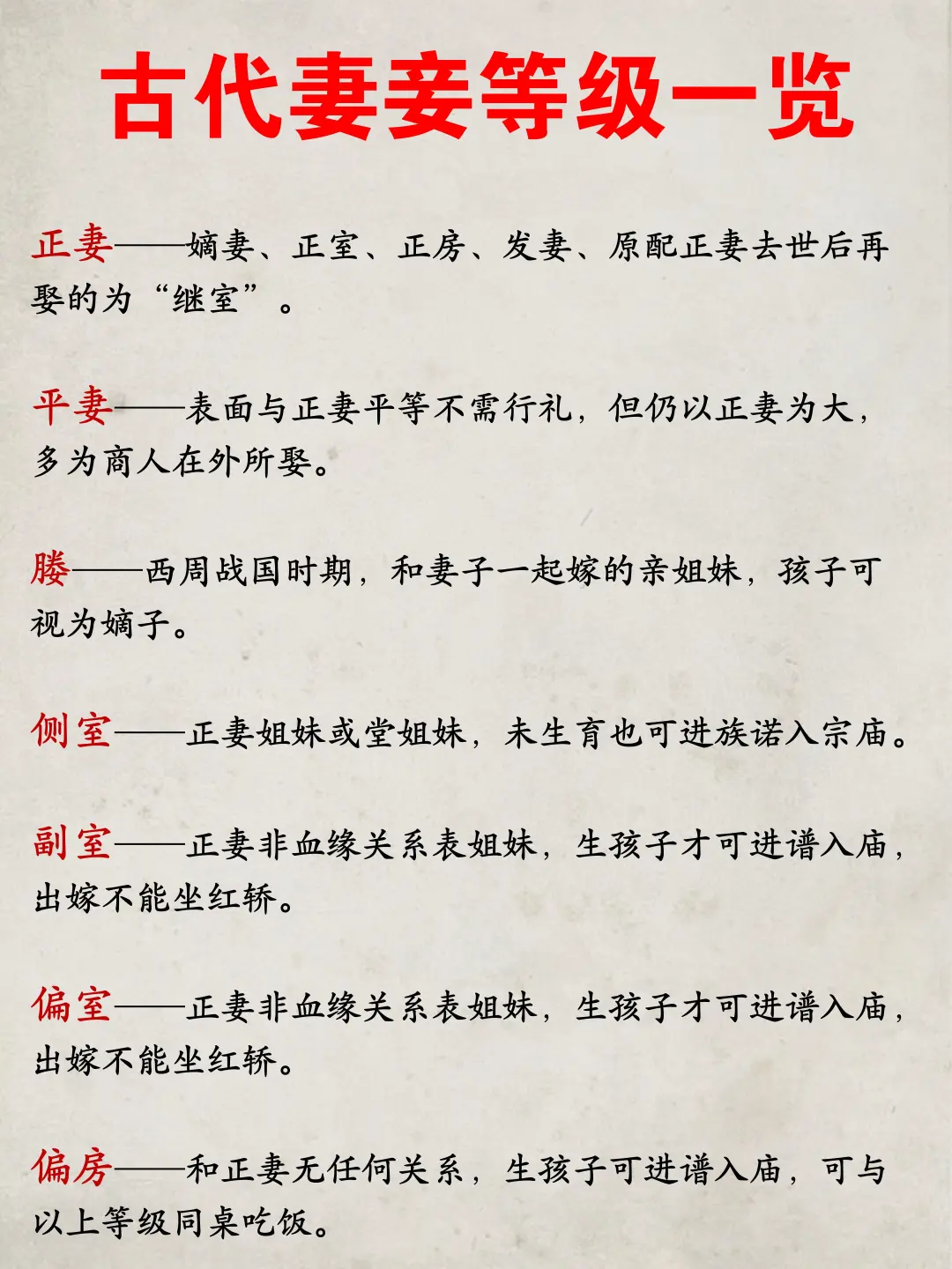 古代妻妾等级一览！ 👉妻妾制度于古代社会而言，是一种屡见不鲜的社会现...
