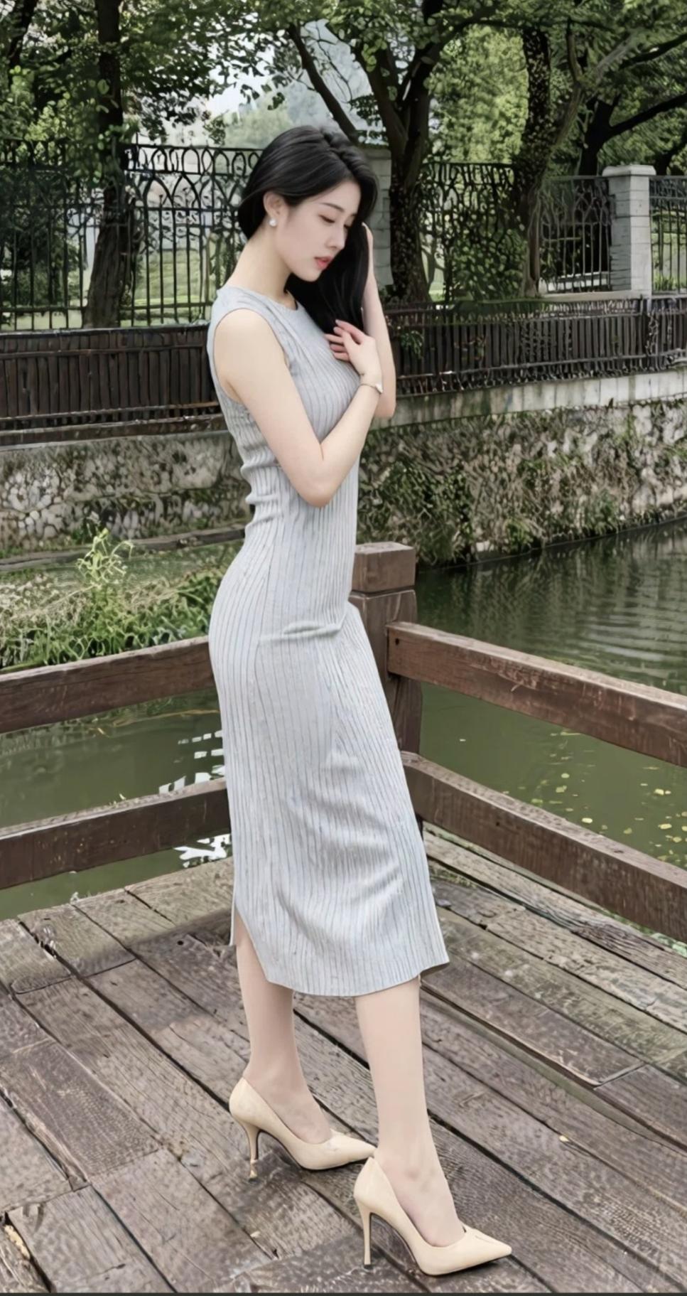 偏爱这种低饱和温柔穿搭
竖坑条针织贴合身形，修身不紧绷
裸色细高跟拉长腿部比例