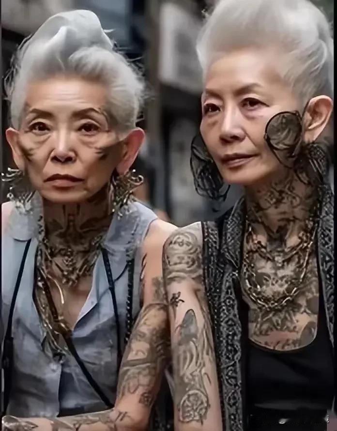 看到照片上这两个纹身的老阿姨，好像看到了一个长篇的人生故事。
这么老了，浑身都是
