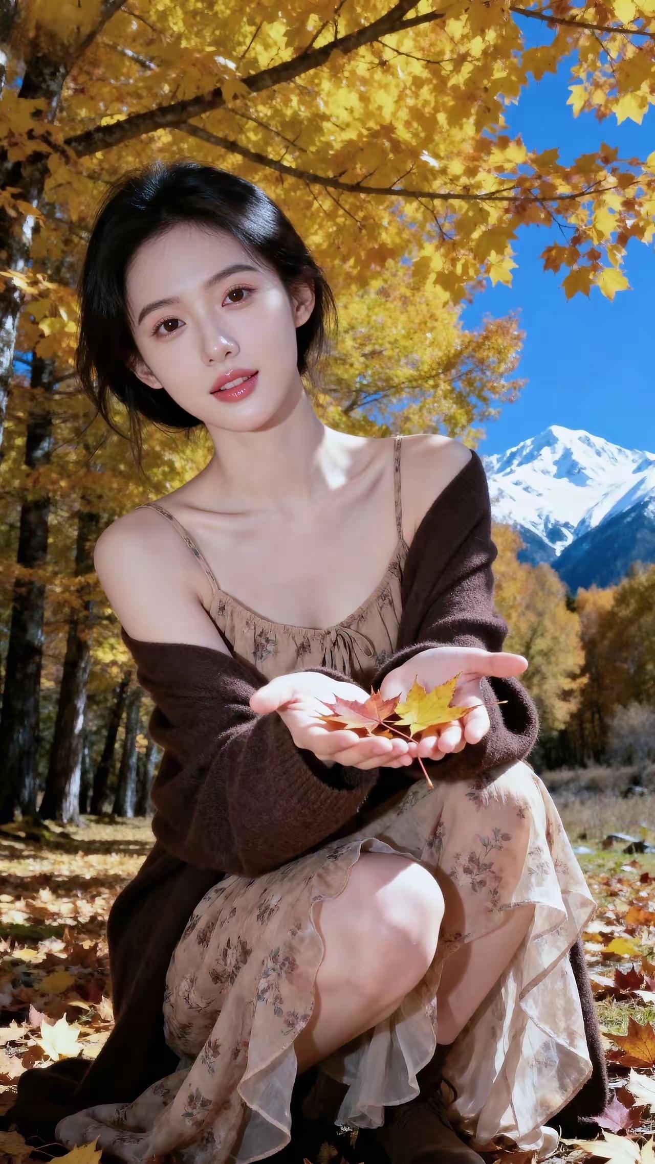 秋日暖阳下的少女，微笑着拥抱自然。