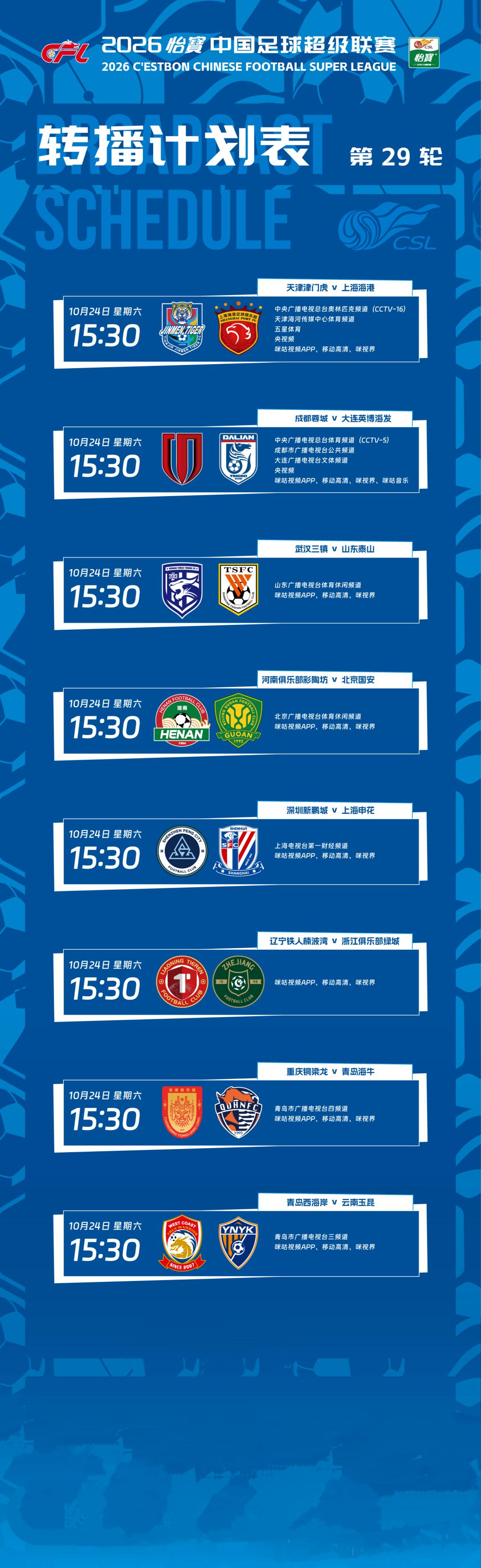 中超联赛第二十九轮今天下午15：30同时开赛，事关争冠的关键比赛成都蓉城主场对阵