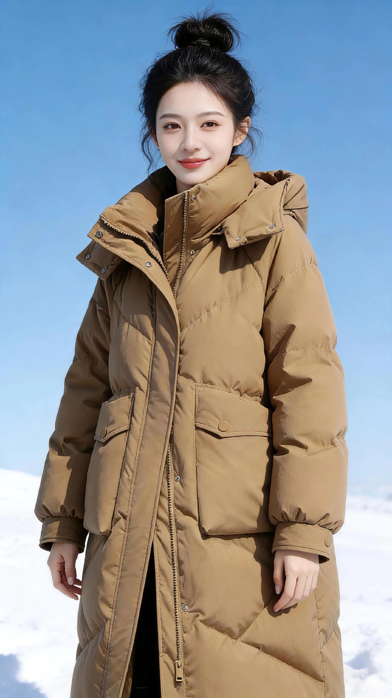 暖冬棕影
 
雪落满长街时，焦糖色的羽绒服便成了冬日里最温柔的色块。蓬松的菱格纹