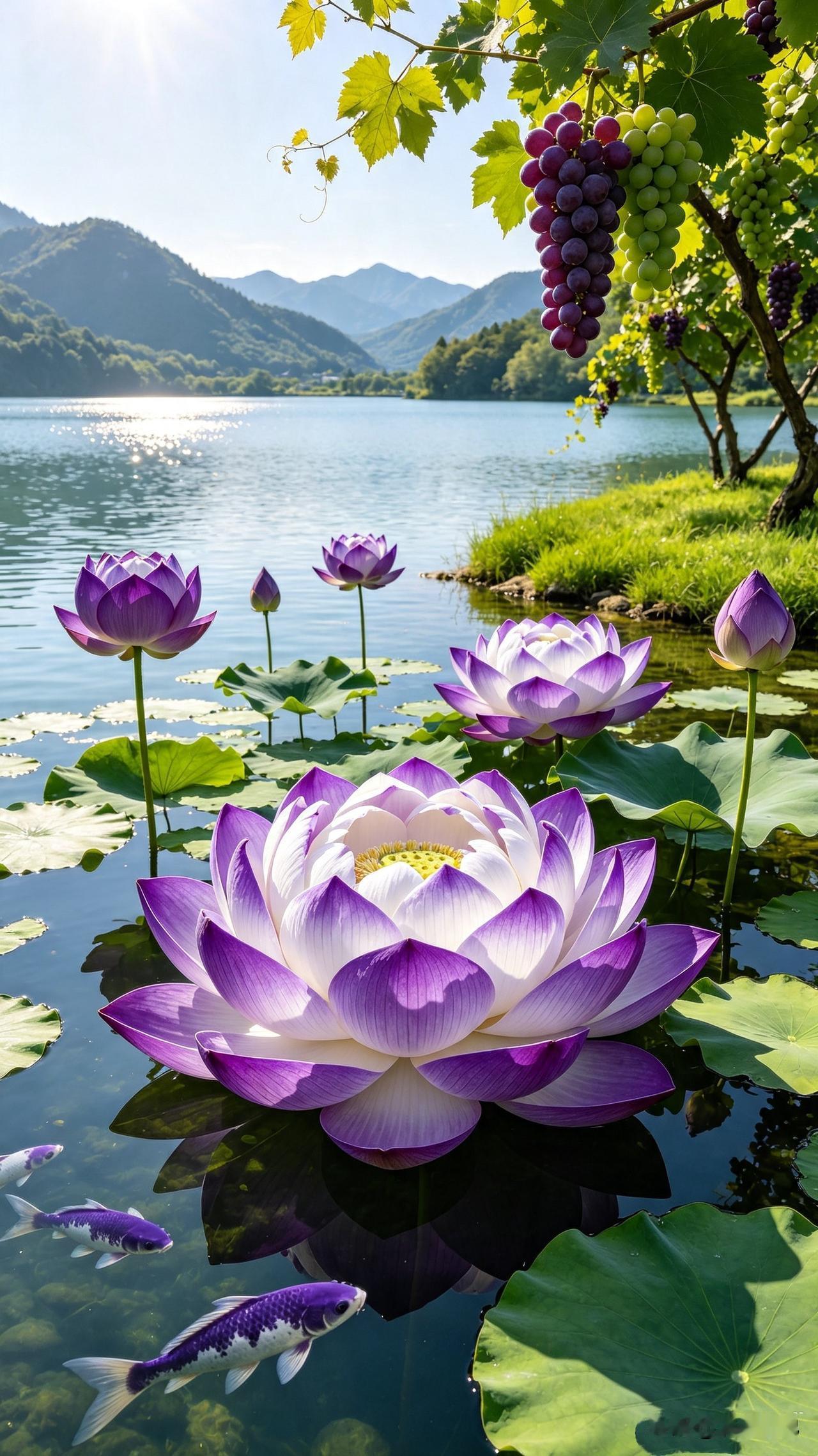 七月，葡萄架下风微凉，远山如黛映晴空，一池碧水藏天地，半亩方塘梦亦香……[福][
