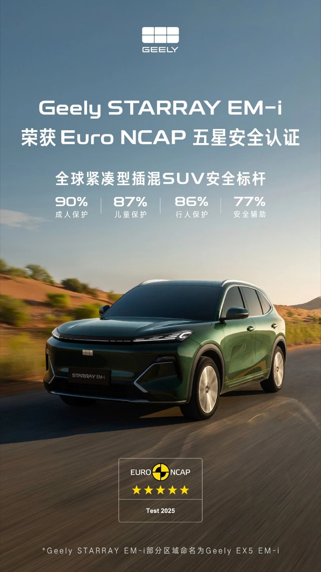 吉利银河星舰7em-i 海外版获得ENCAP五星安全认证