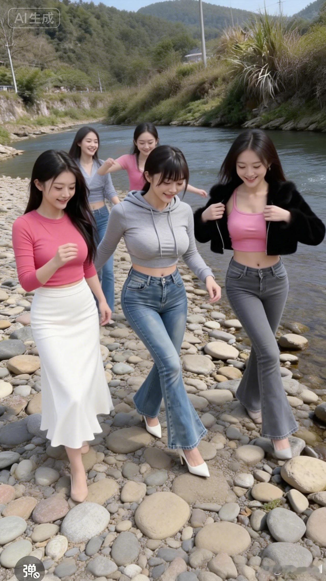 踩着溪畔的石子路，
跟着溪流的脚步走，
身旁是最合拍的姐妹，
风拂过的时候，
都
