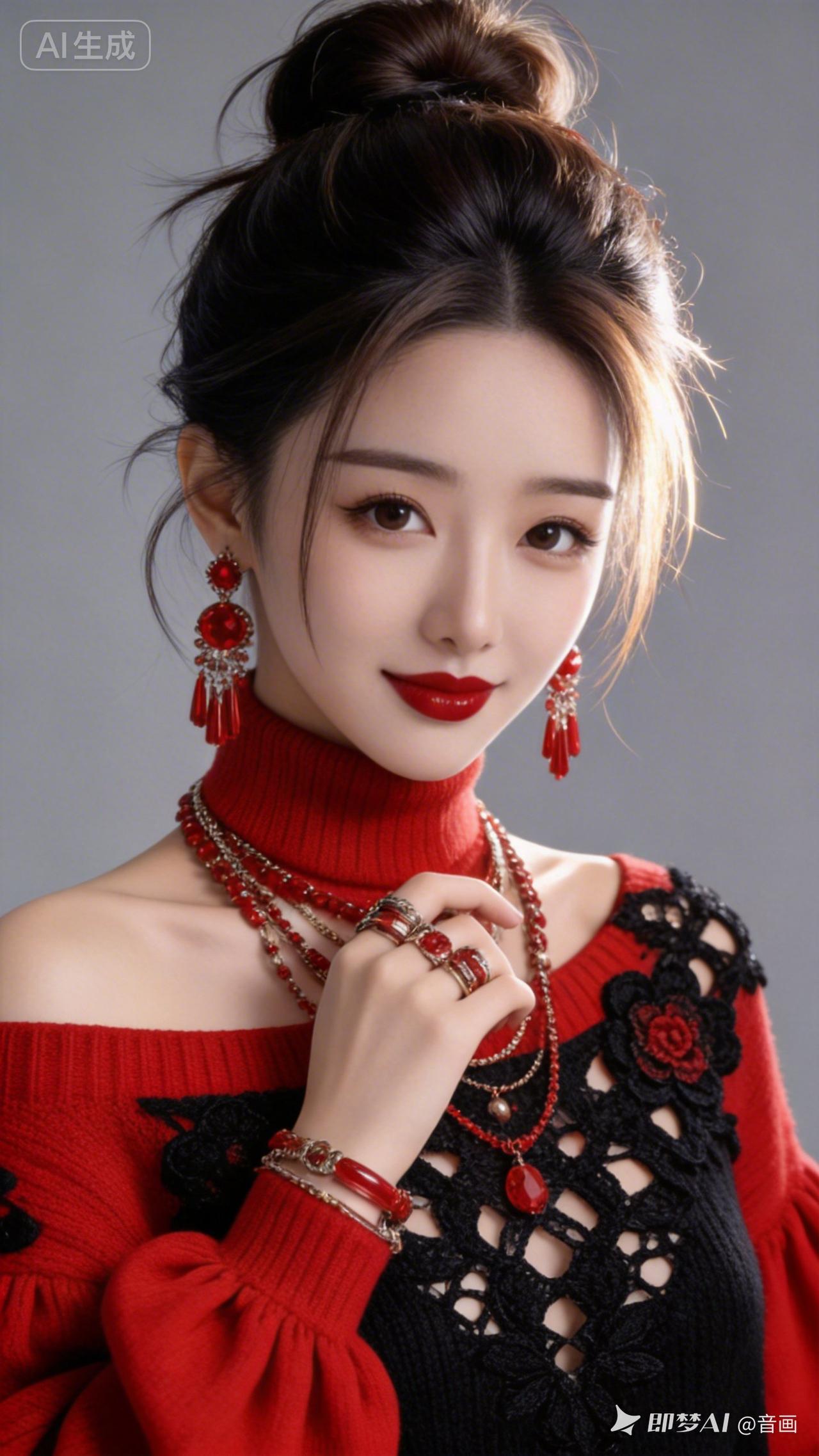 美女气质优雅，黑棕高盘发微乱蓬松，发丝带光、碎发灵动。眼神妩媚明亮，肌肤白皙，搭