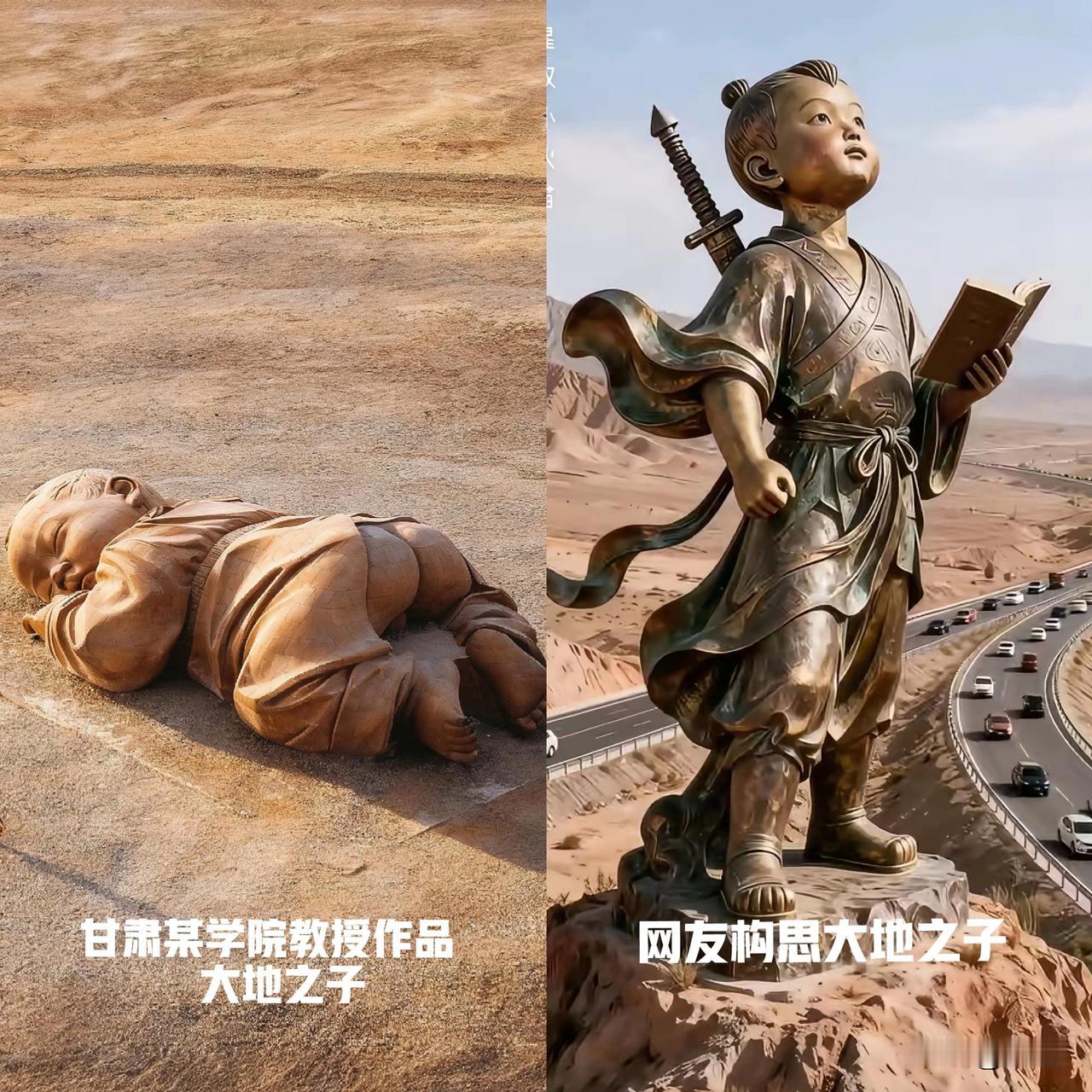 立意高下，真是一目了然！
左边～甘肃某学院大教授的“大地之子”，立意竟取自中东难