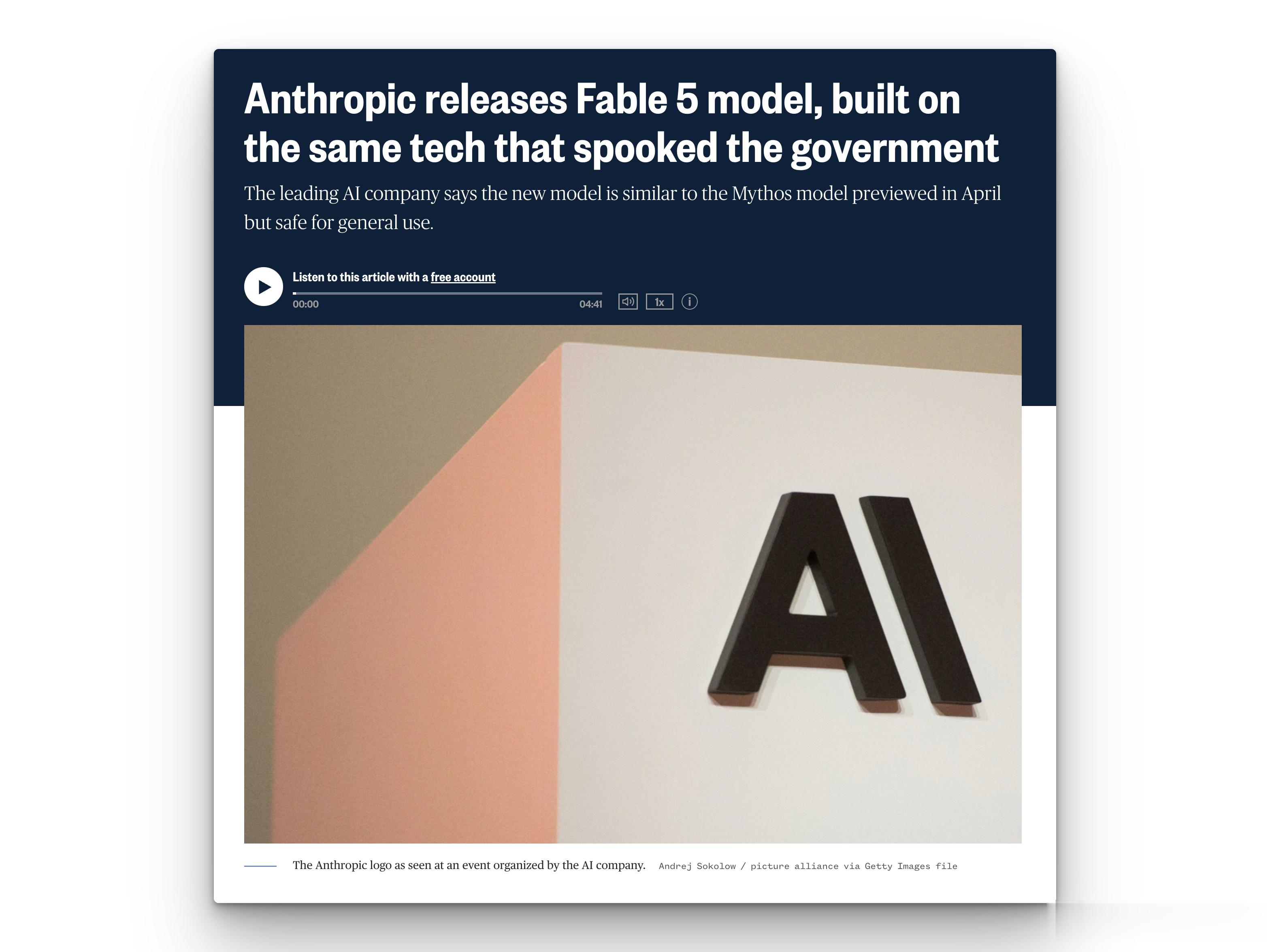 Anthropic向普通用户发布了简化版的 Mythos模型 Fable 5。A