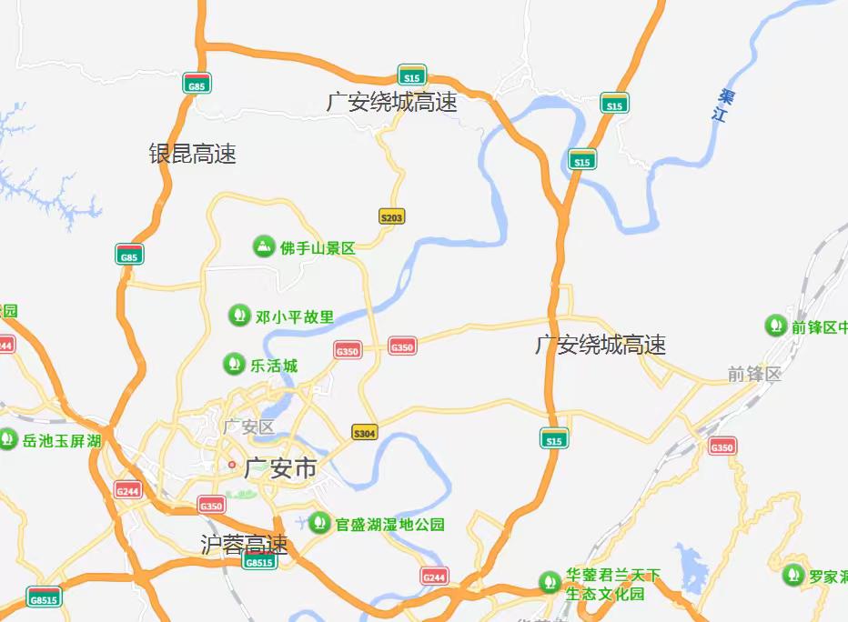 广安 四川 广安环城高速由银昆高速、沪蓉高速、广安绕城高速共同衔接而成闭合外环，