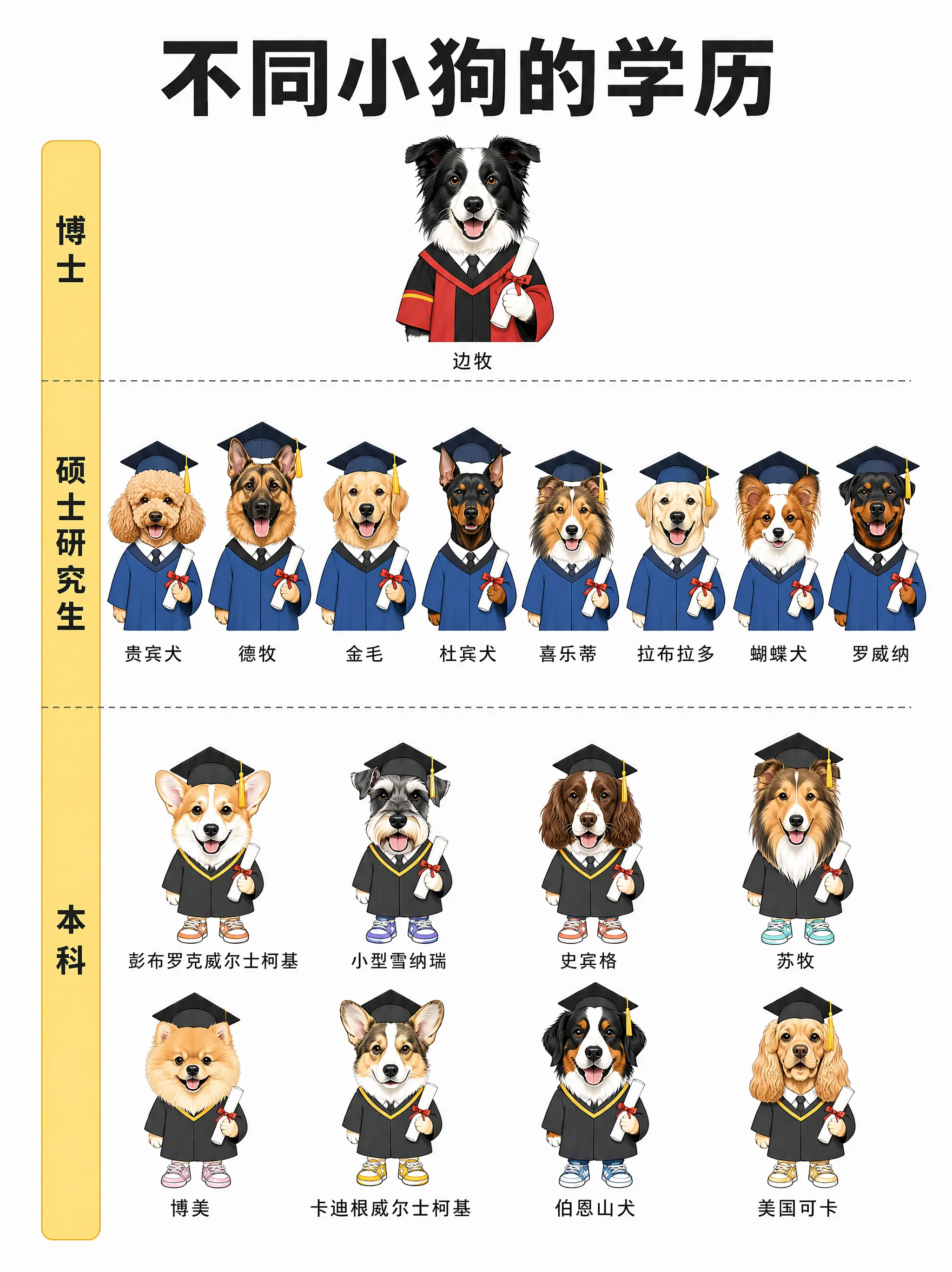 不同狗狗智商学历排行榜。