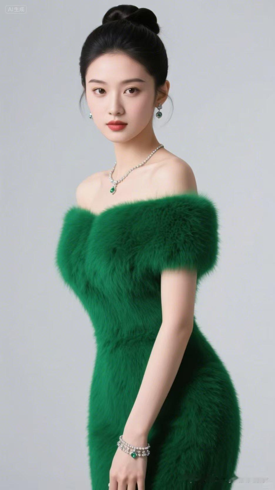这身绿色毛茸茸的裙子简直绝了，高质量面料柔软舒适，它颜色超亮眼，鲜艳的亮绿色仿佛