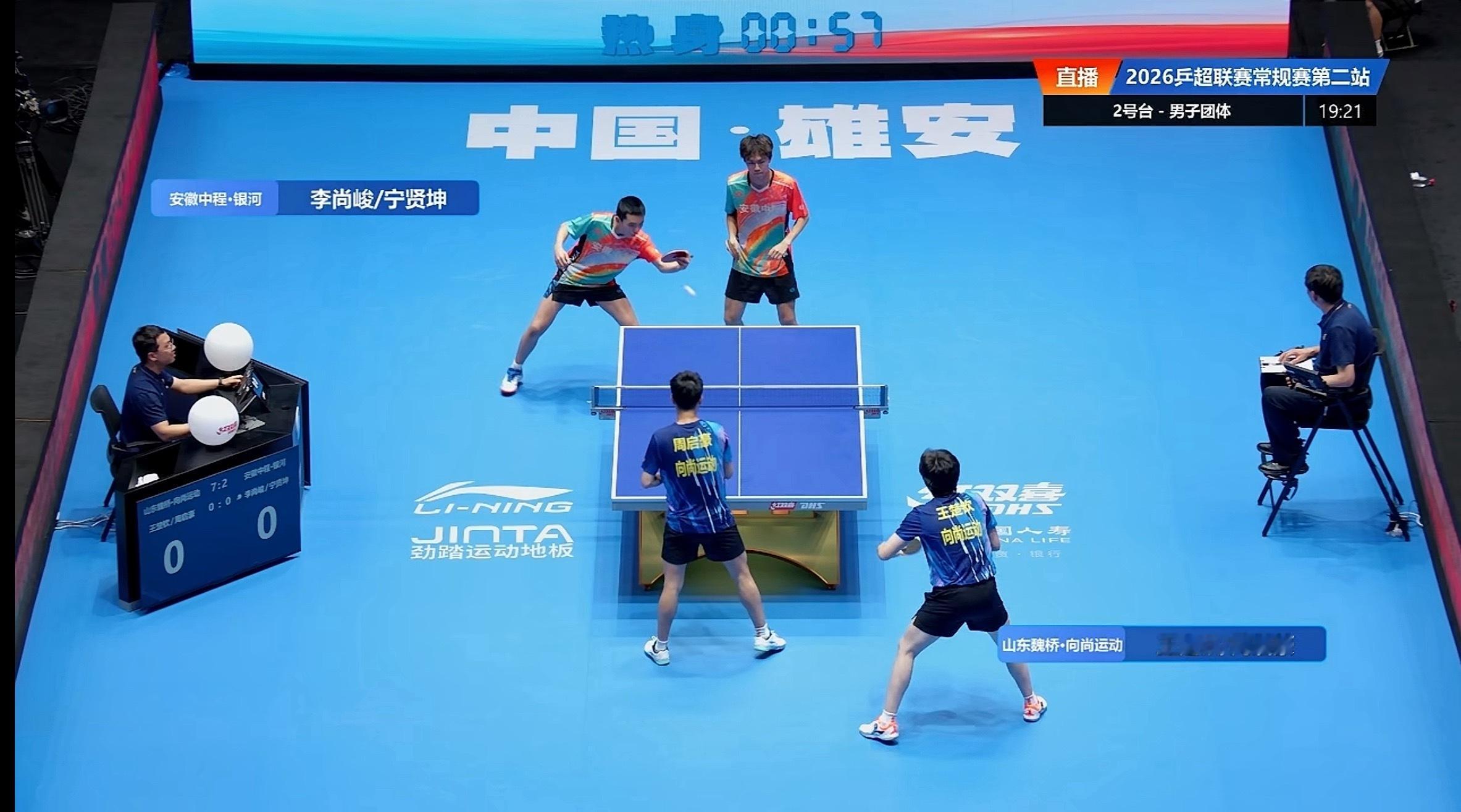 2026年乒超男子团体山东魏桥8-2安徽中程梁靖崑/李和宸2-1王吉轩/郑鸿博（
