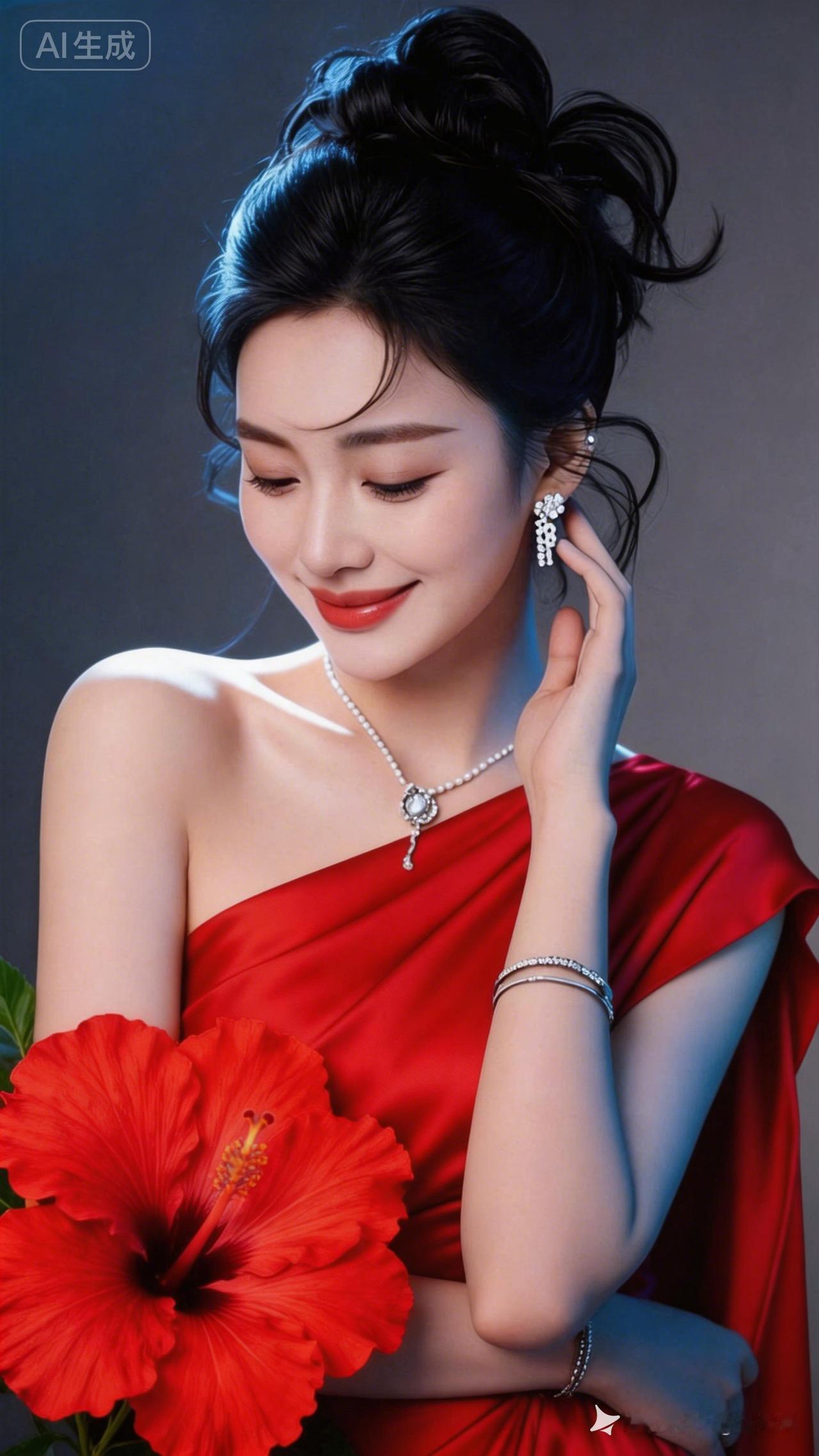 优雅红裙，精致妆容，红玫瑰相伴，尽显东方美人韵味。