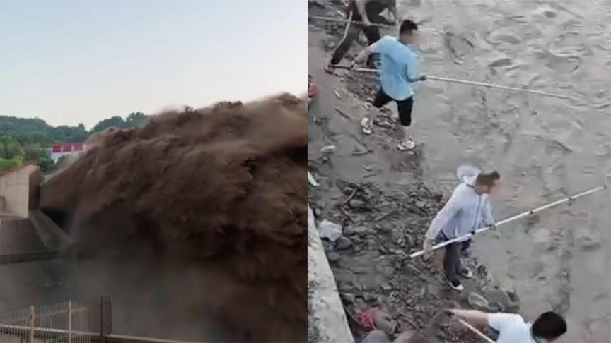 【小浪底排沙又见黄河流鱼 当地村民前往水库下游“守株待鱼”】近期，河南洛阳黄河小