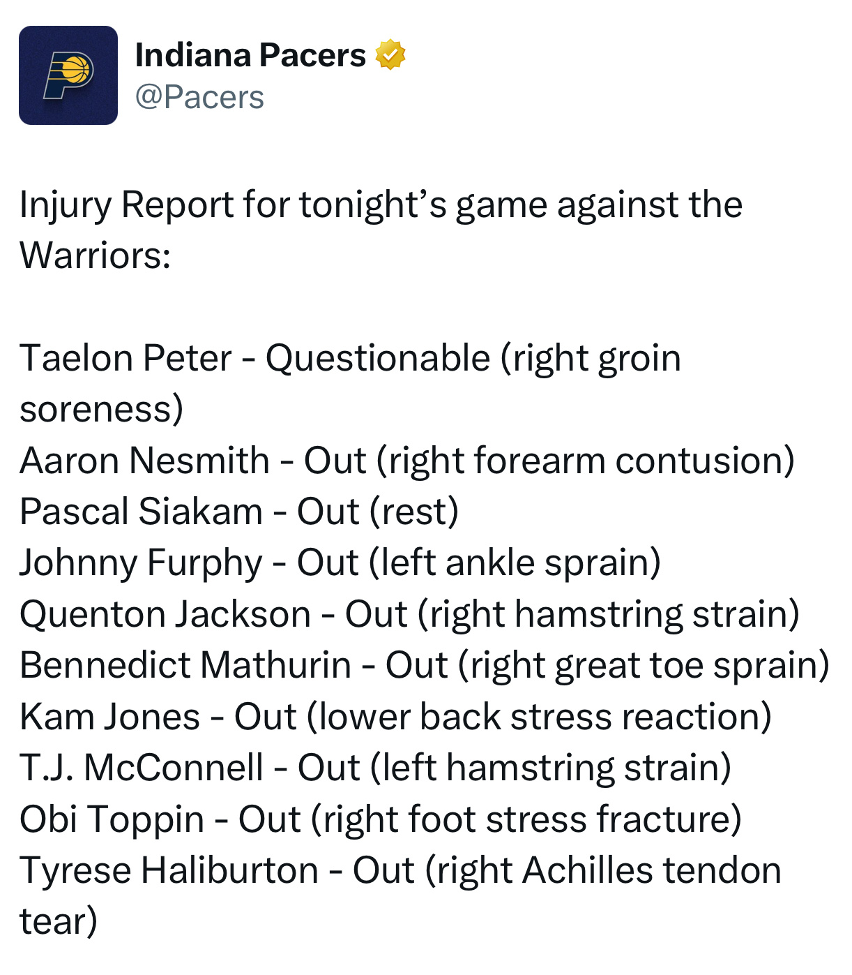 妈呀，这么多人不打，今天应该可以赢了吧！[允悲]步行者官方发布今天对阵勇士队的比