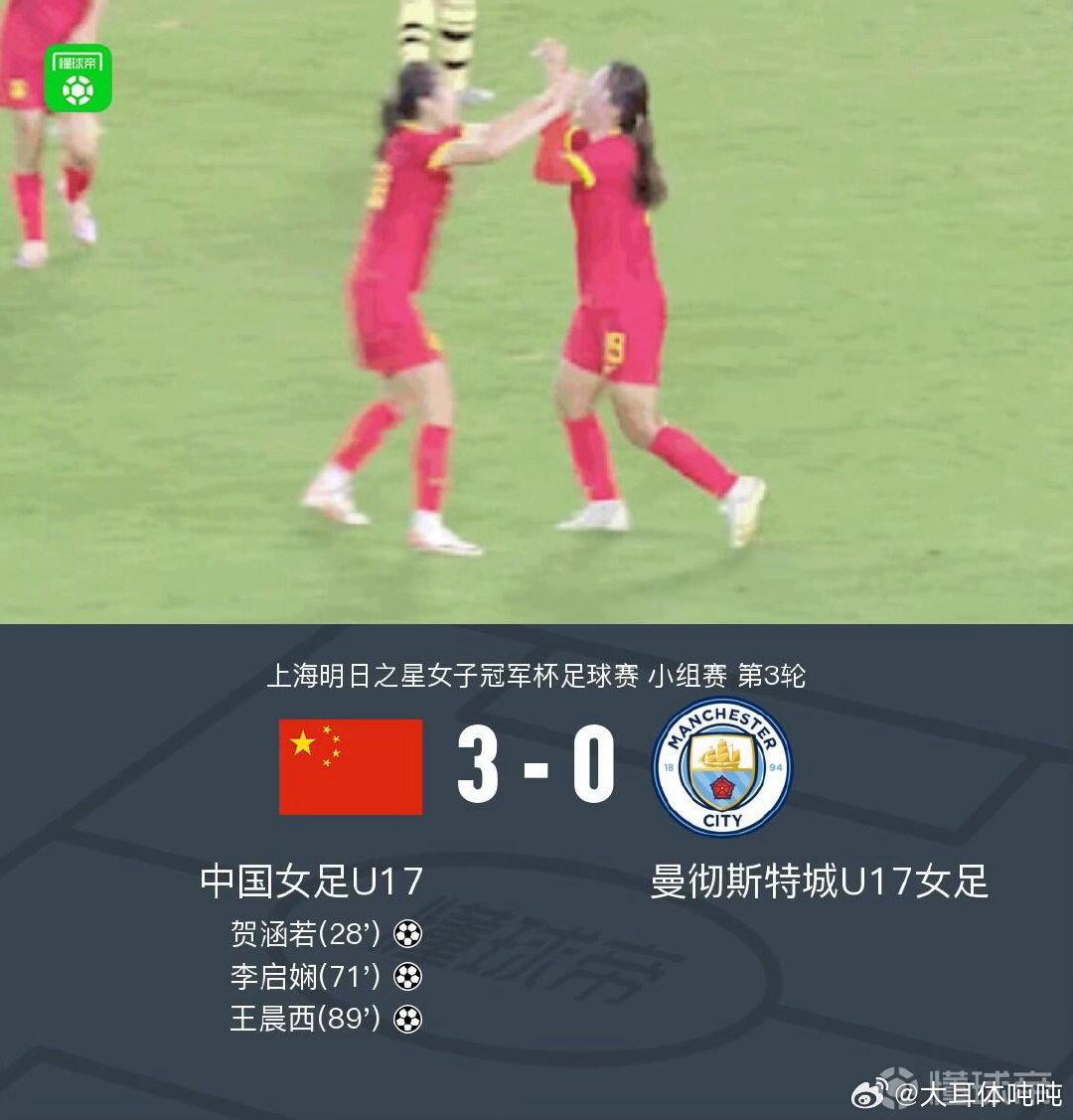 中国U17女足三连胜晋级 中国U17女足3比0完胜曼城U17，小组赛三战全胜且零